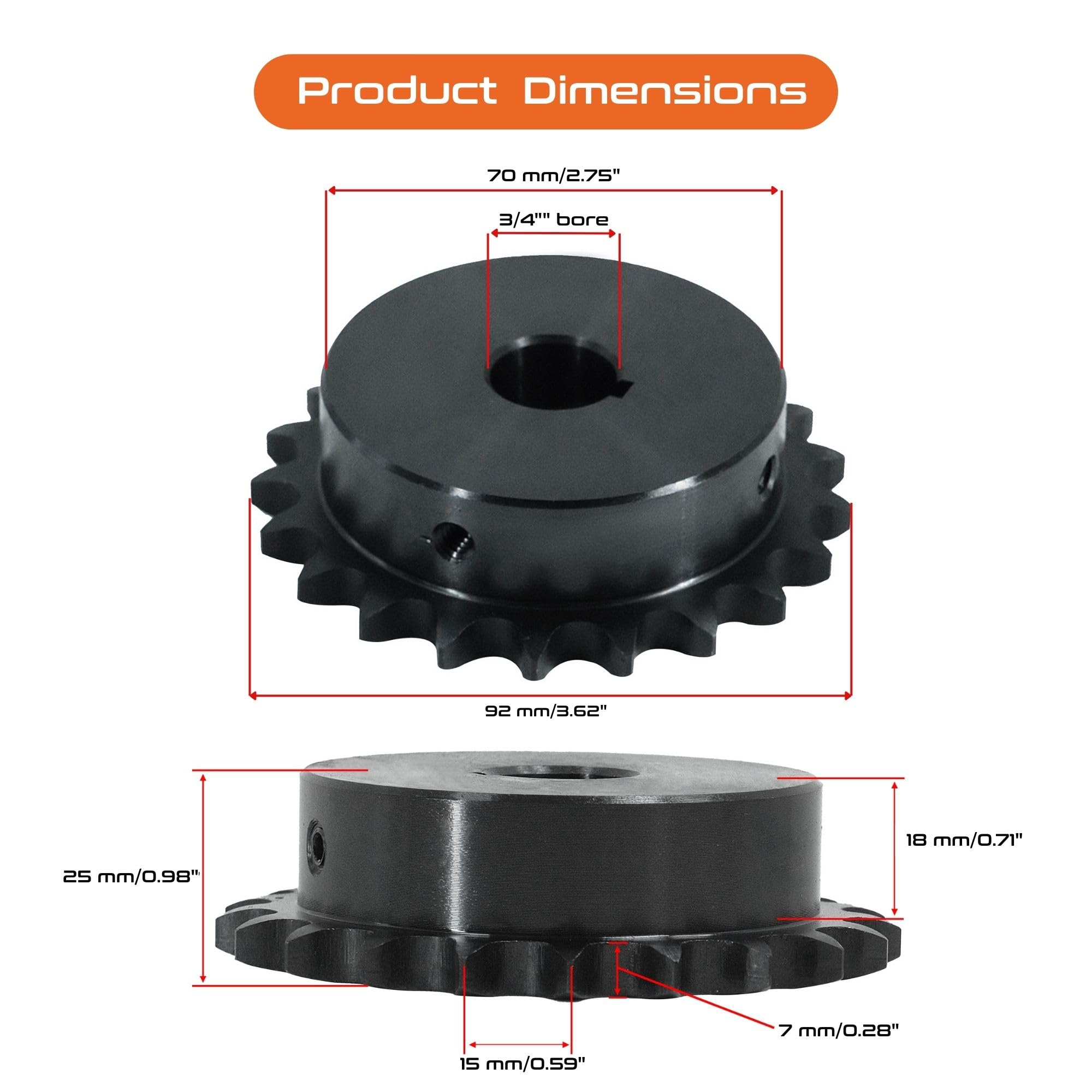 CHR #40 Roller Chain, 21 Tooth, 1/2" Pitch, 3/4" Bore, 0.188" Keyway, Carbon Steel, B-Type Hub, 3.622" OD - ISO 9001-2000 Certified — Amazon image 2