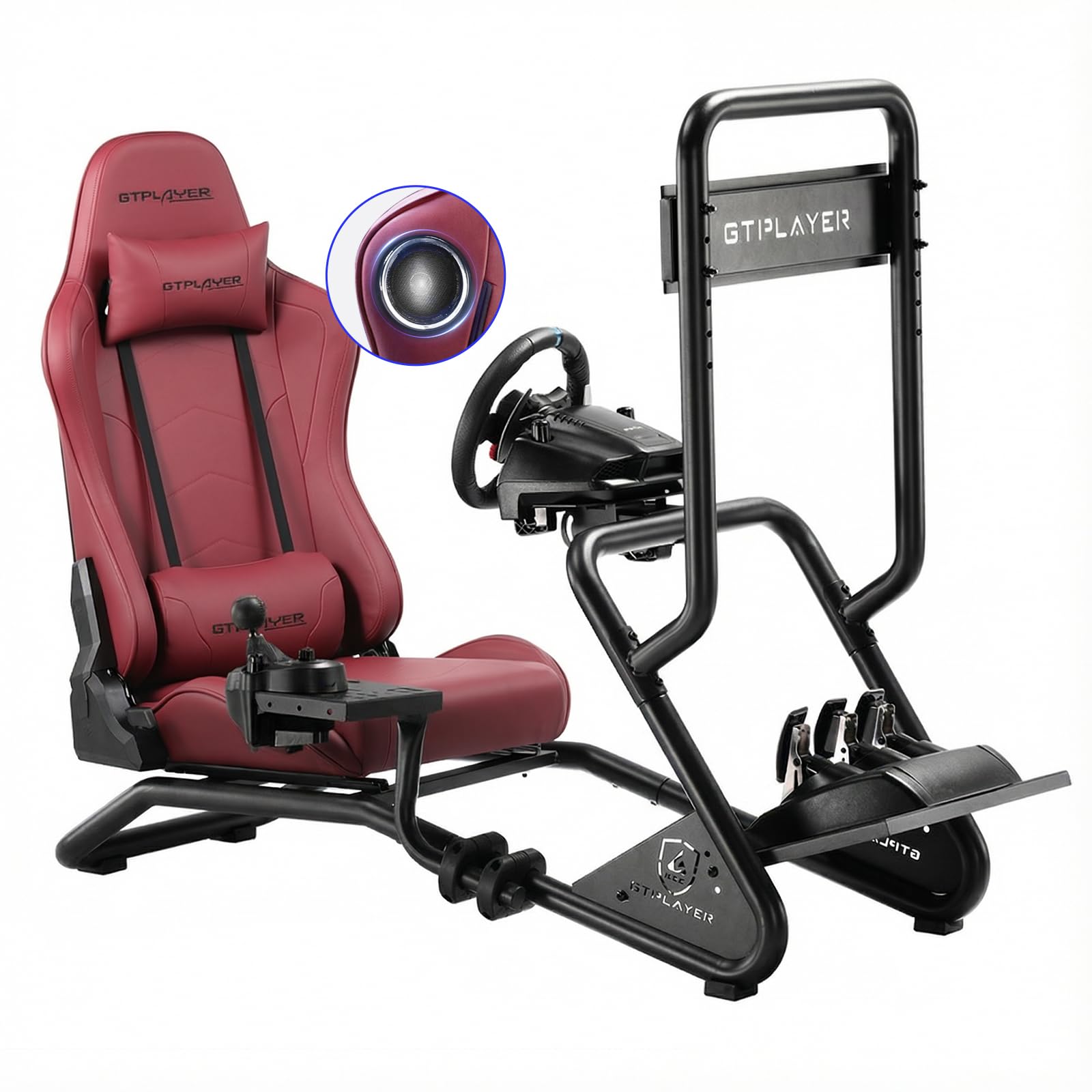 GTPLAYER Cabina de Simulador, soporte para volante de simulador de carreras con soporte ajustable para volante, monitor, cambio y pedales, y altavoces estéreo 3D (burdeos)