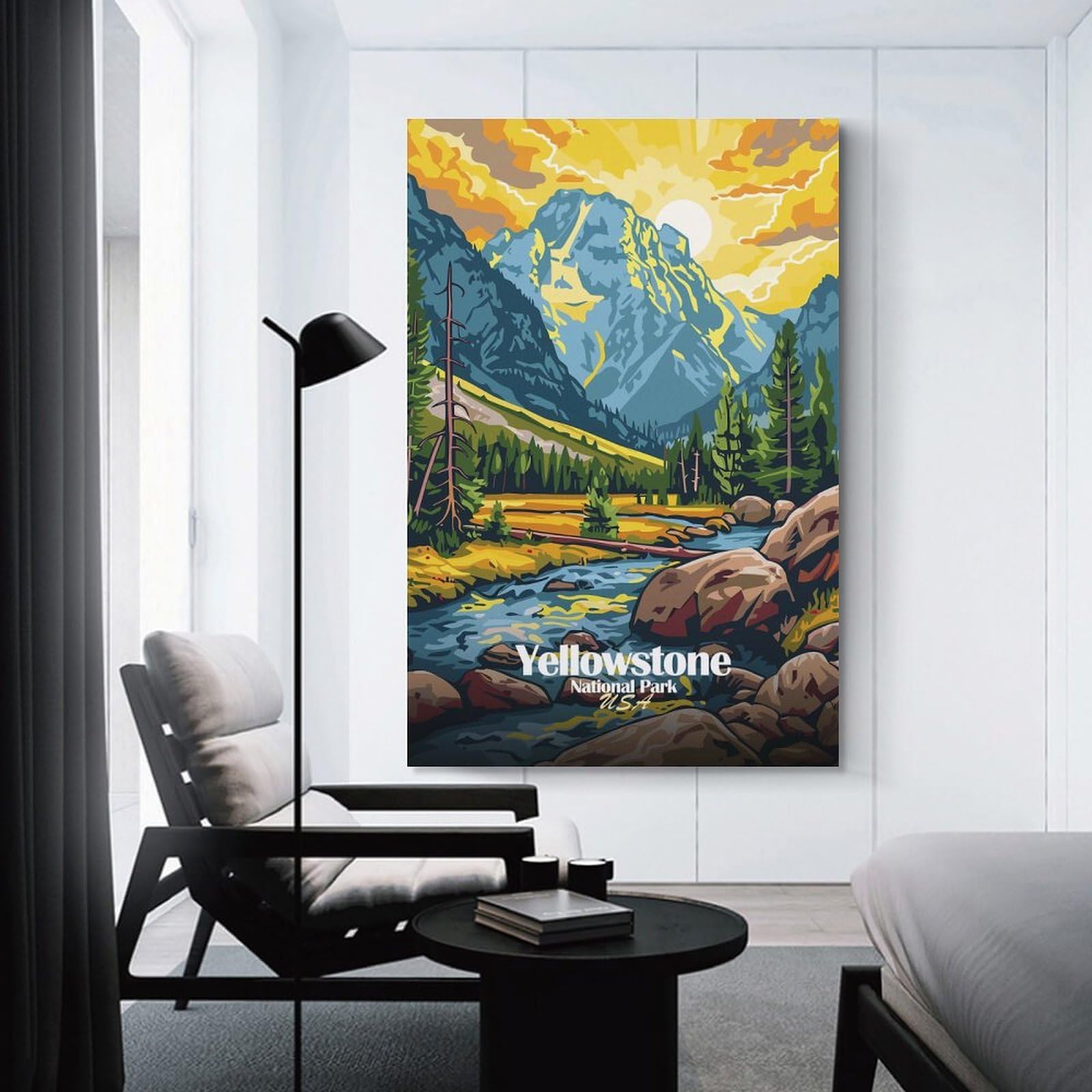 Junmoney Canvas Wall Decor Yellowstone National Park Landscape Illustration, 20x30inch(50x75cm), for Restful Interiors, Bedrooms Or Small Rooms, Canvas Wall Decor for Personal Spaces