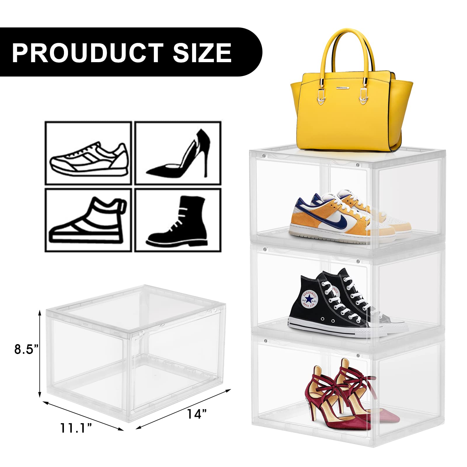 ELUCHANG 3 Pack Stackable Shoe Box, Clear Plastic Display Case Shoe