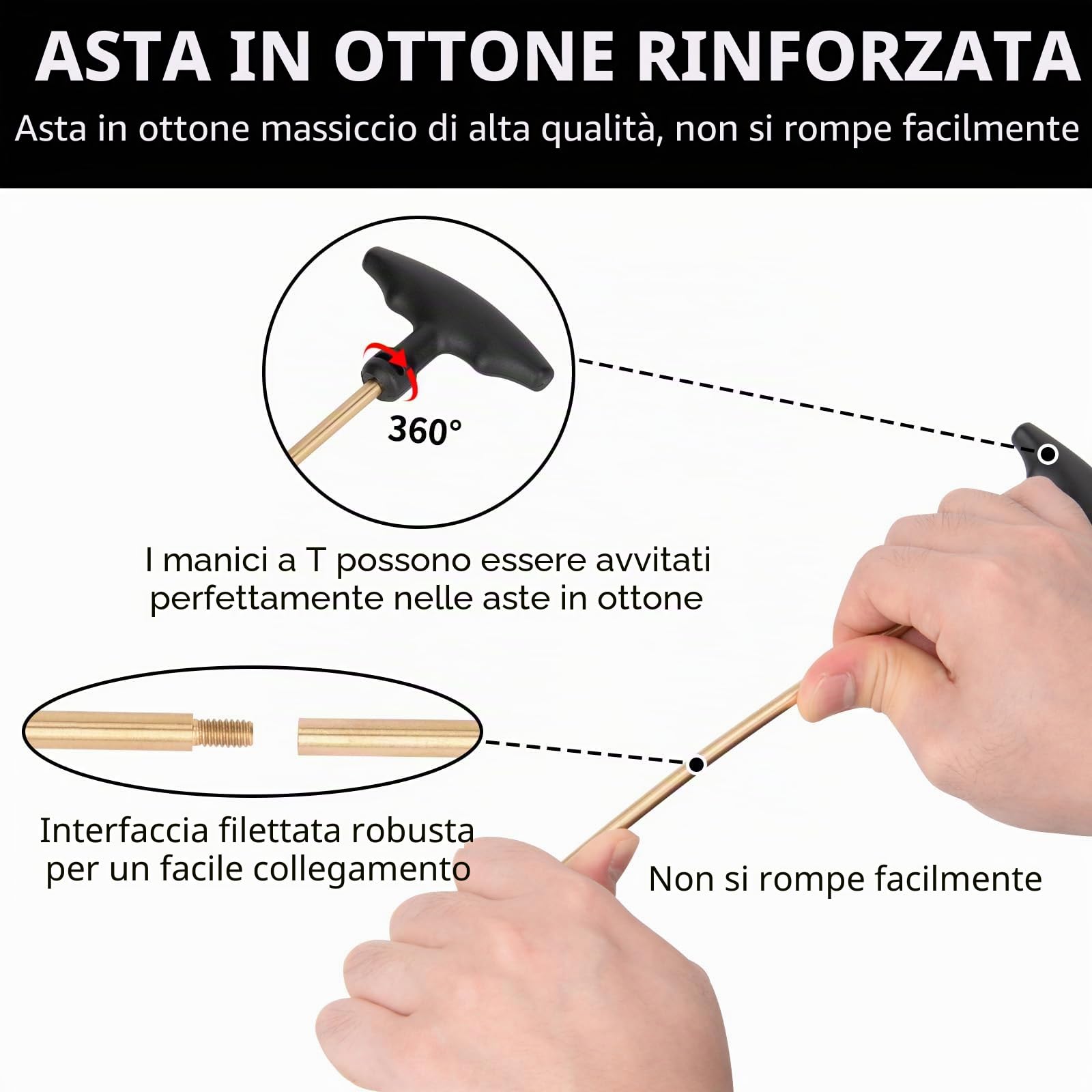 BOOSTEADY Kit di pulizia universale per pistole .22,.357,.38,9mm,.45 Calibro Pistola Kit di pulizia Spazzola in bronzo e adattatore Jag in ottone