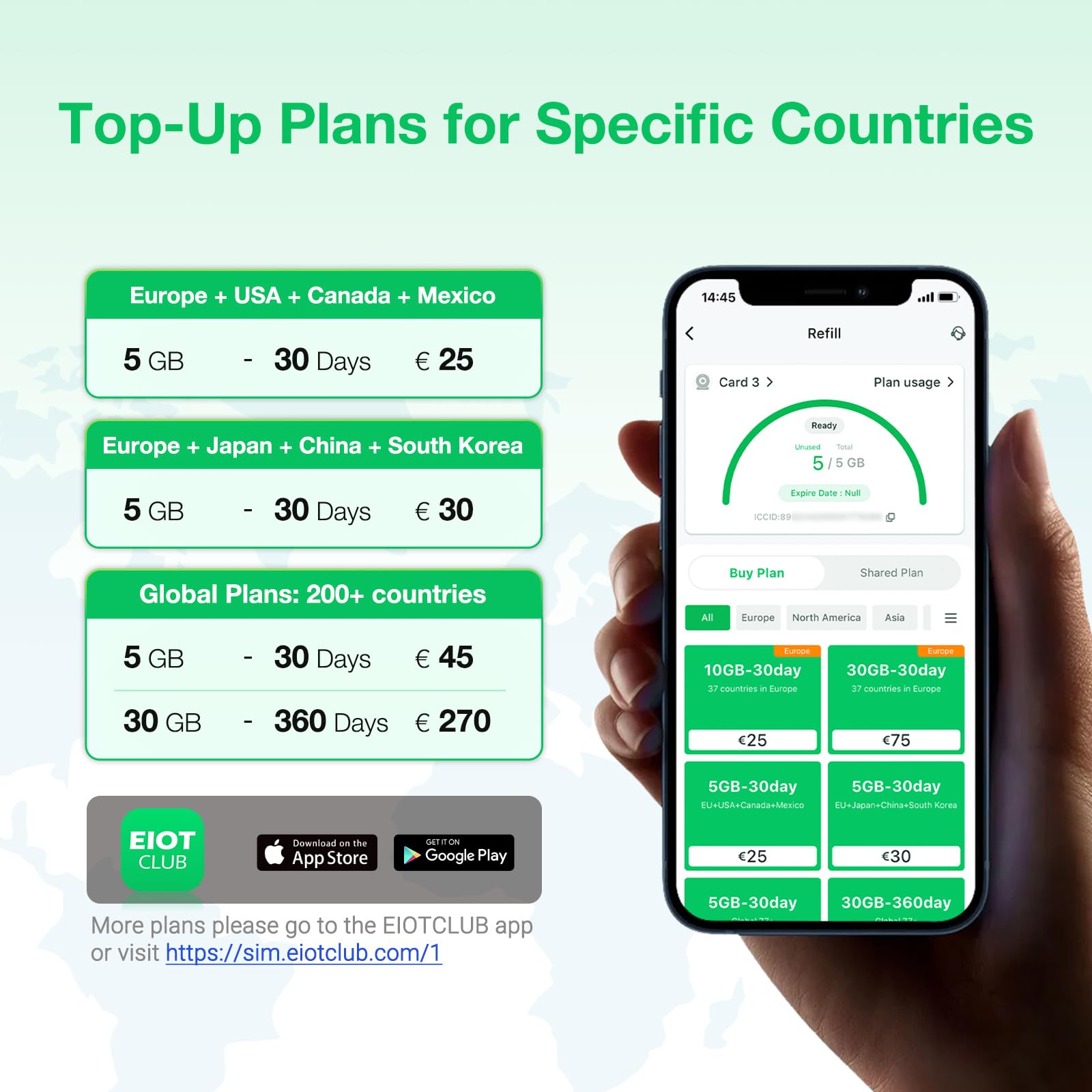 EIOTCLUB Globalna podróżna karta SIM, 2 GB danych, 30 dni, do 38 krajów w Europie, USA, Kanadzie, Meksyku, możliwość ponownego ładowania, bez numeru telefonu, Plug and Play