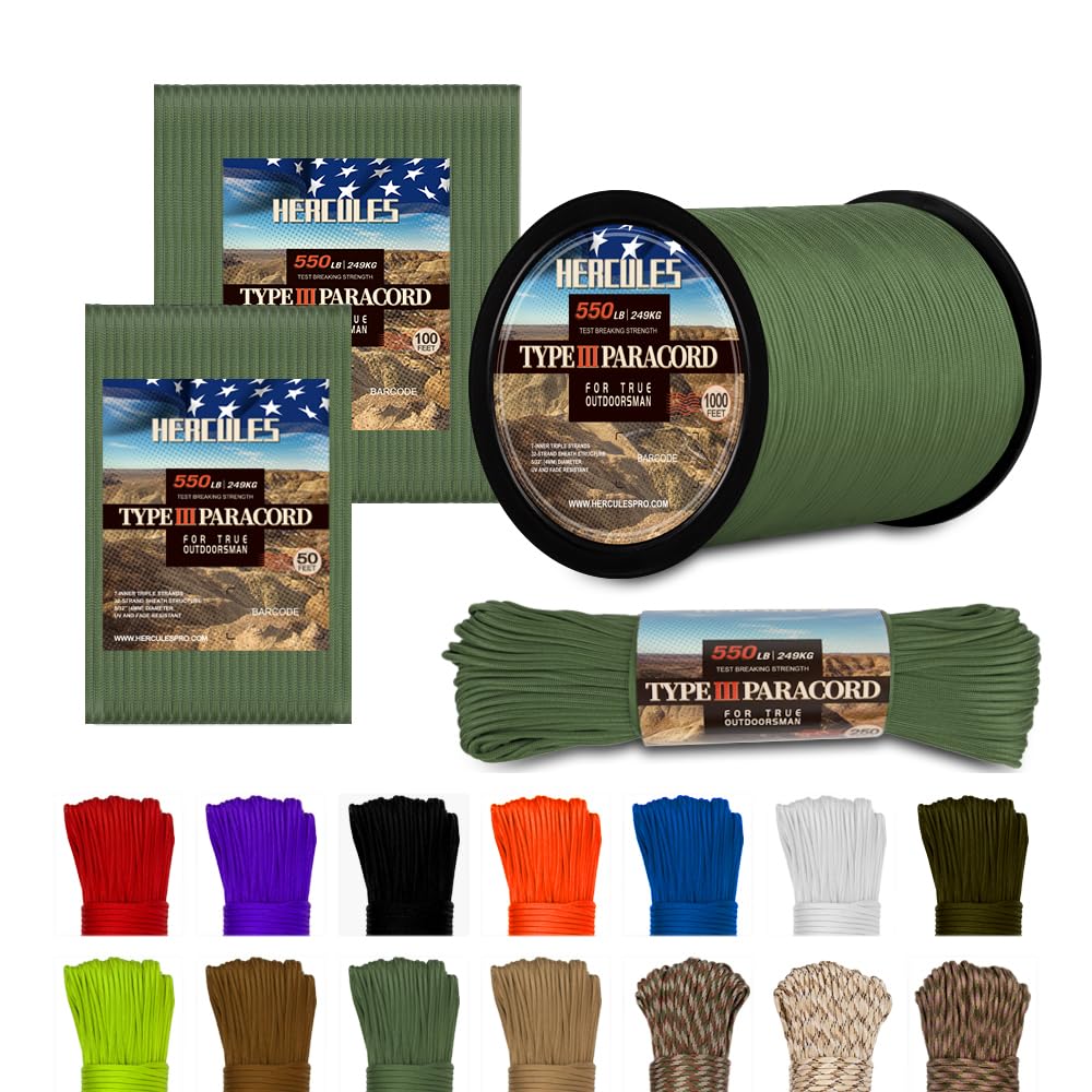 HERCULES Type III Paracord 550 Paracord Rope Parachute Cord, 250' Olive Green Paracord for Survival Paracord, Survival Cord-picture-10