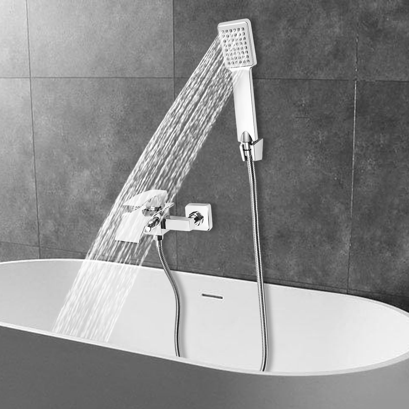 Alcachofa de ducha de alta presión, cabezal de ducha con manguera y 2 salidas de agua, soporte de pared con soporte de ducha con rosca de 1/2", de acero inoxidable, color plateado