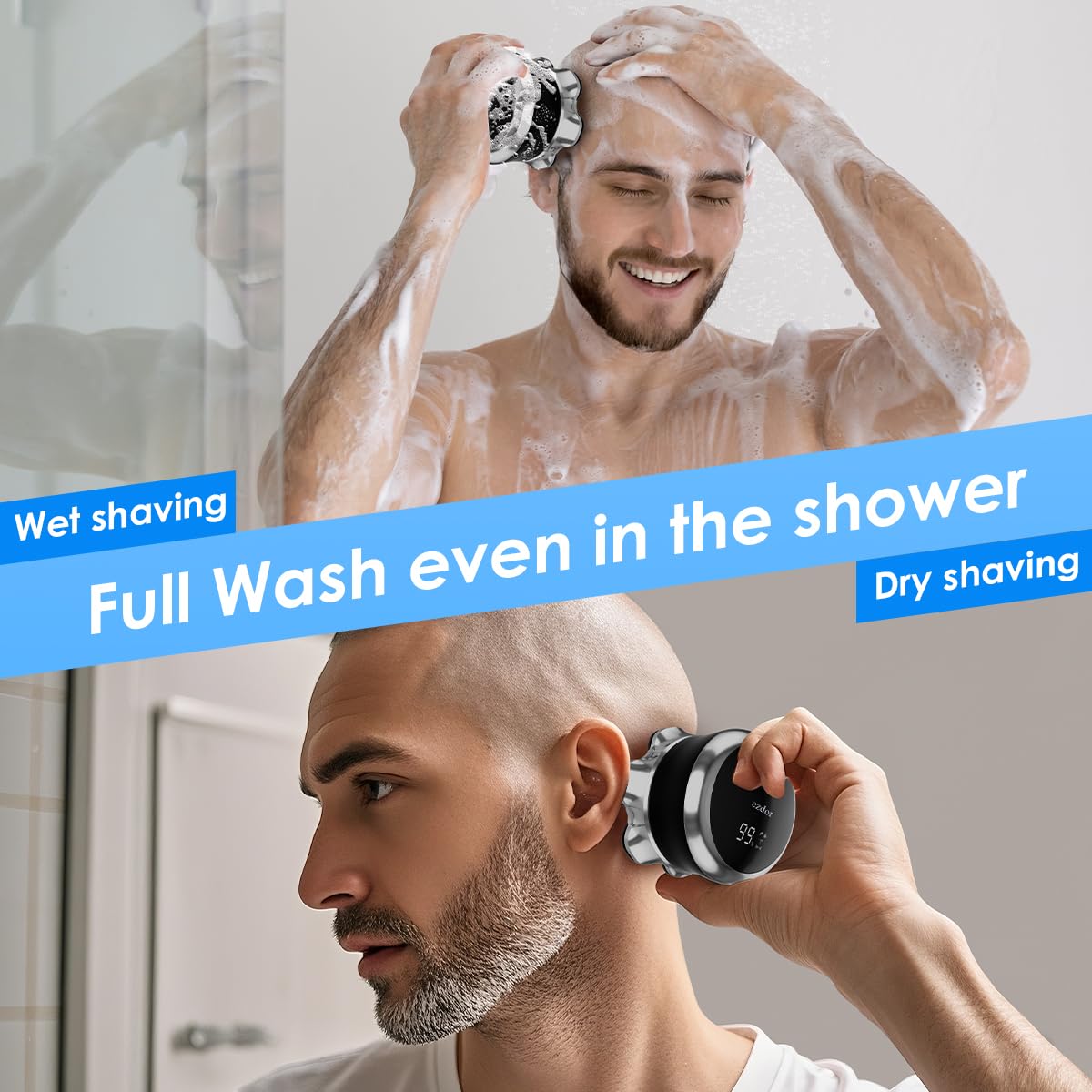 Rasoir électrique professionnel 7D pour homme chauve, étanche IPX7, kit de toilettage pour tête chauve humide et sèche, avec écran LED et charge rapide USB-C (noir)