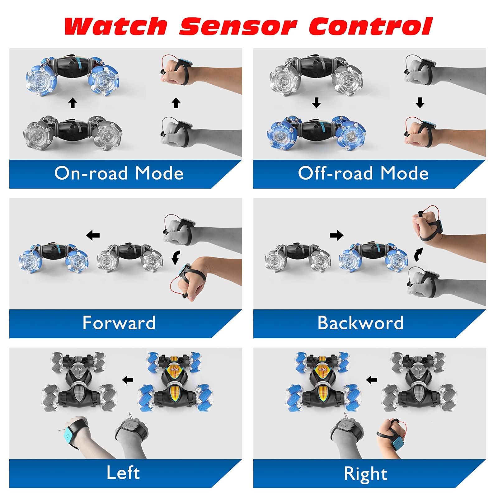 Tecnock RC Car Remote Control Car for Kids Adults,1:20 Scale 4WD Gesture Sensor Remote Control Crawler,2.4 GHz Transform RC Stunt Car with Light,Gift for Boys Girls(Blue)