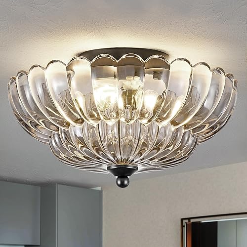 Miniatura 8 de Lámpara de techo semiempotrada de 3 luces, cristal vintage con marco de metal negro, iluminación moderna cerca del techo para dormitorio, cocina,