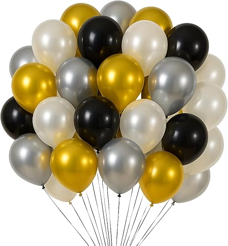 Miniatura 1 de Juego de 100 globos de lujo  Globos de látex de 12 pulgadas en oro metálico, plata, negro y perla blanca  Perfecto para cumpleaños, bodas,