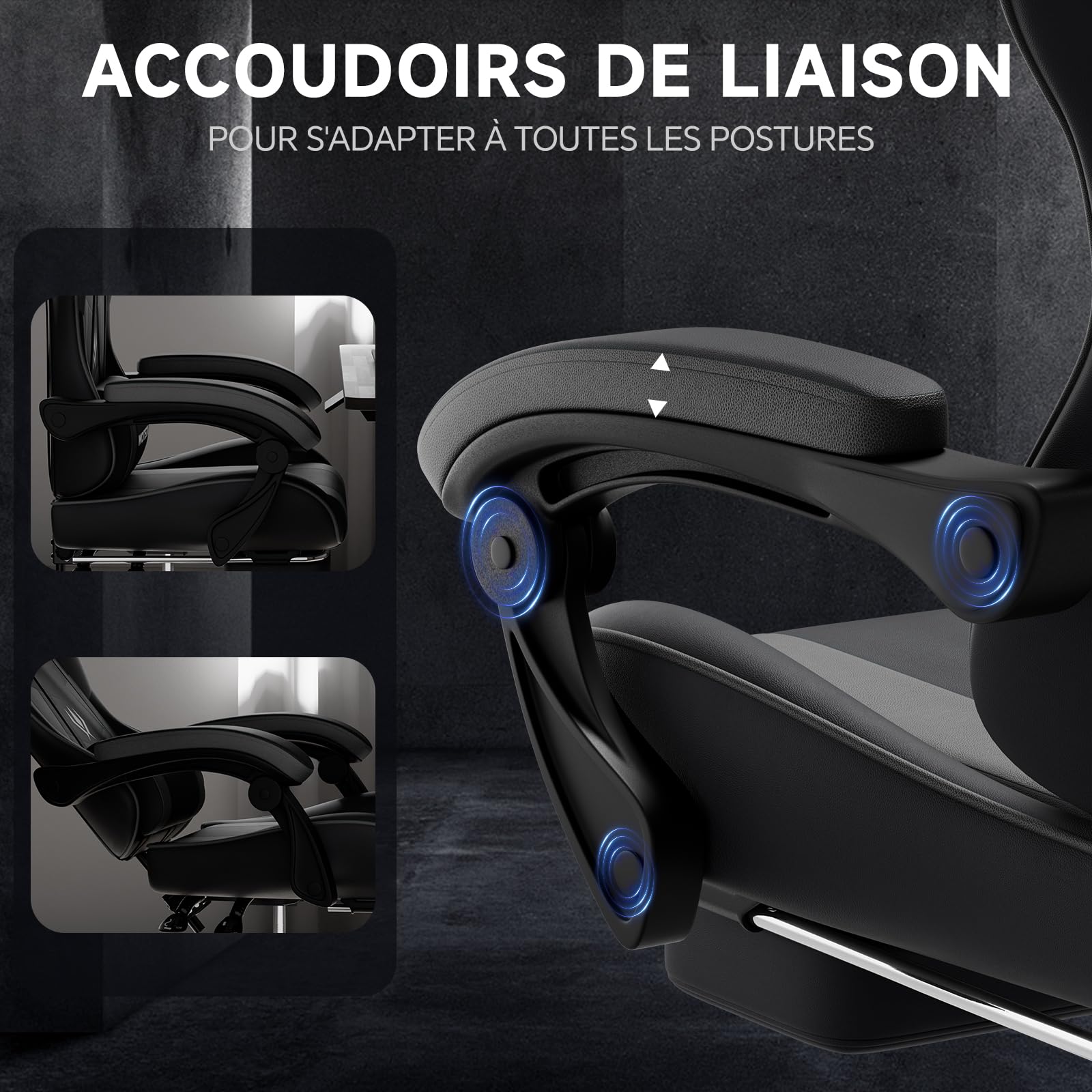 Chaise Gaming, Ergonomique Fauteil Bureau, Hauteur Réglable, Siege Gaming avec Repose-Pieds TÉlescopique, Chaise Bureau avec Support Lombaire, Dossier Inclinable à 135° Noir et Gris