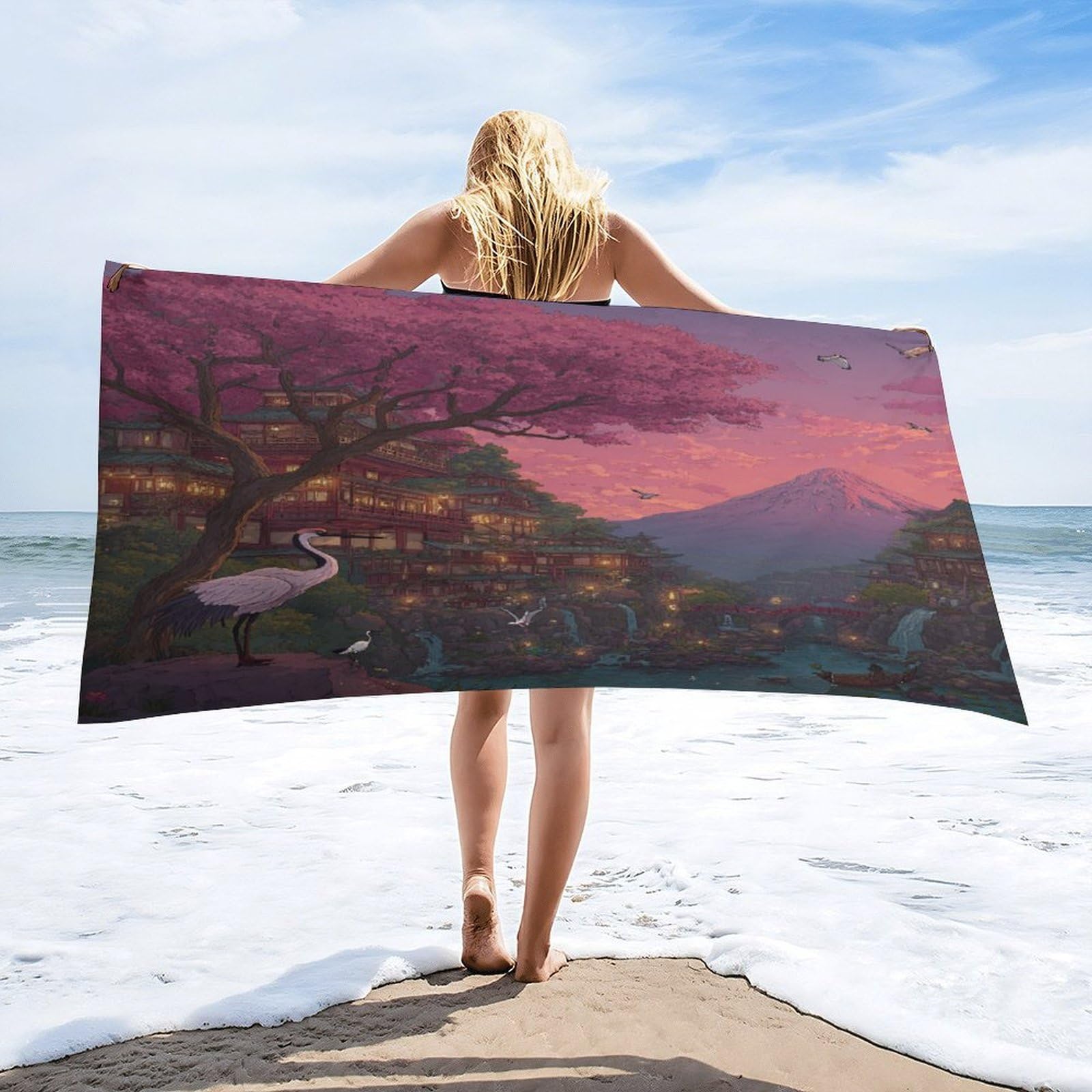 Luyysky Rustic Vintage Animal Crane Absorbent Beach Towel, Modern Retro Japanese Mount Fuji Plant Cherry Blossoms Outdoor Single-Sided Velvet Beach Towel-80 W Cm X 160" L Cm