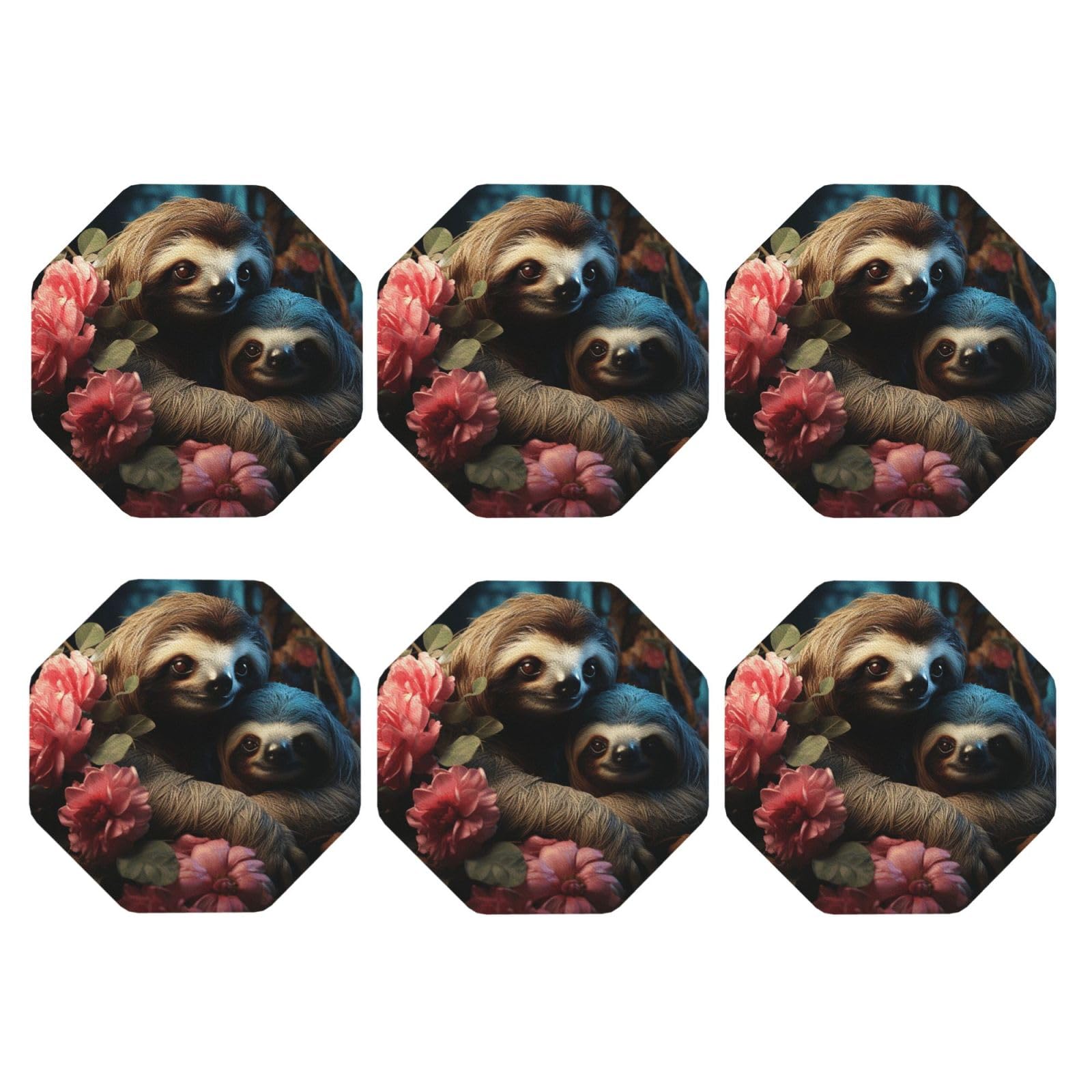 6pcs Leather Coasters for Drinks, A Sloth and A Baby Sloth Drink Coasters for Tabletop Protection, 4" Cup Coasters for Coffee Table Decor, Non-Slip Drinking Cup Mat for Hot Or Cold Drink