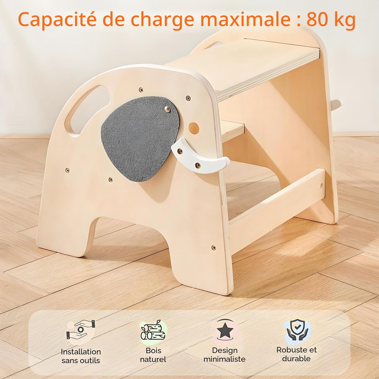 Escabeau pour Enfants, Tabouret à 2 marches en Bois pour Enfants, supportant jusqu'à 80 kg, avec Repose-Pieds antidérapant pour Salle de Bain, Cuisine, Chambre d'enfant, Toilettes