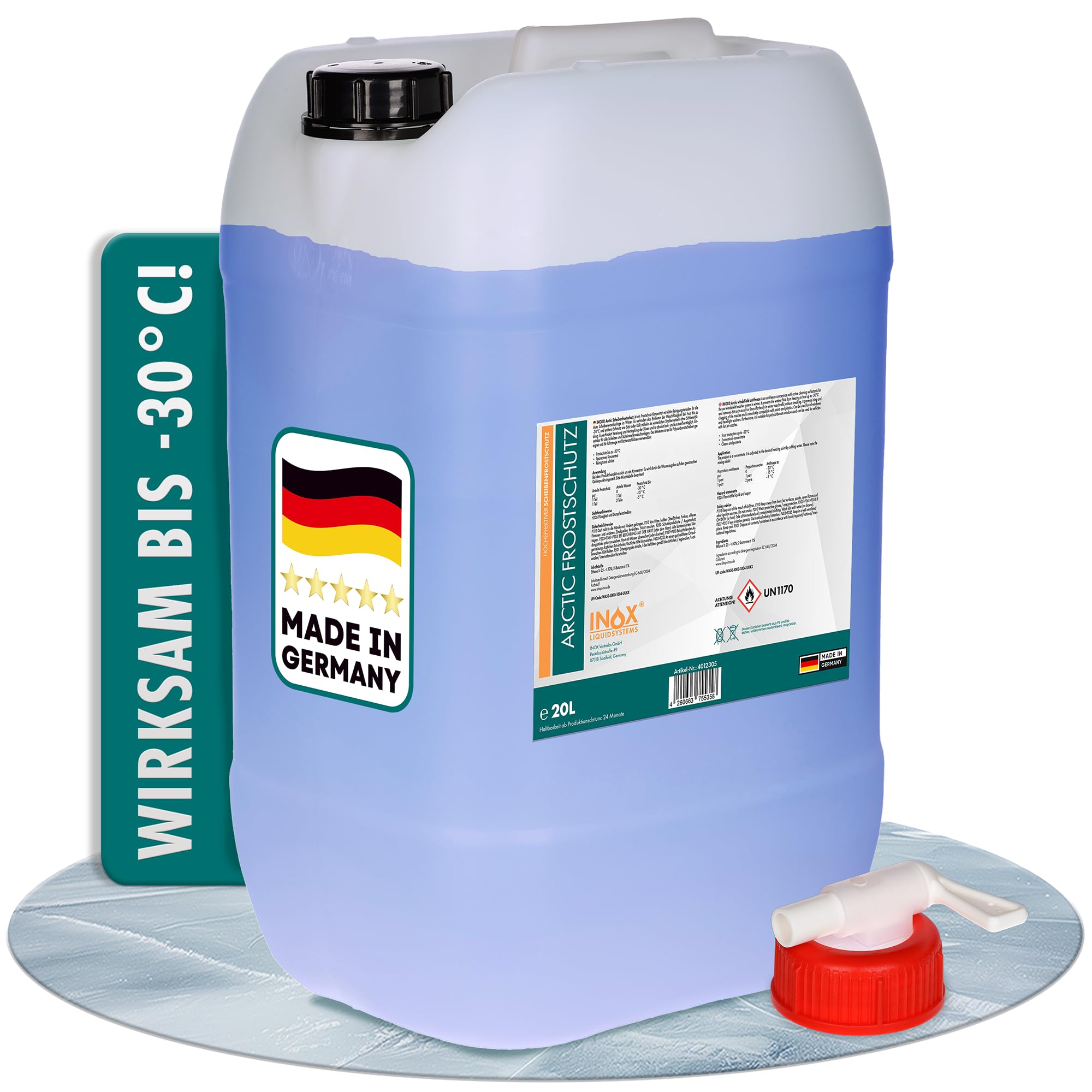 INOX® 20L Arctic Scheibenfrostschutz Konzentrat bis -30°C - Auto Frostschutzmittel Scheibenwaschanlage - Scheibenwischwasser schlierenfrei - Versand in 4x5L