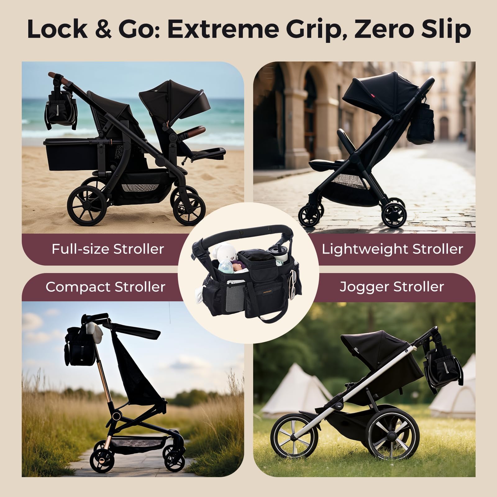 Momcozy Organiseur de poussette extra large | avec sac de dentition de qualité alimentaire | 2 porte-gobelets isothermes | sangles antidérapantes en silicone | utilisation à 3 voies | Petite pochette