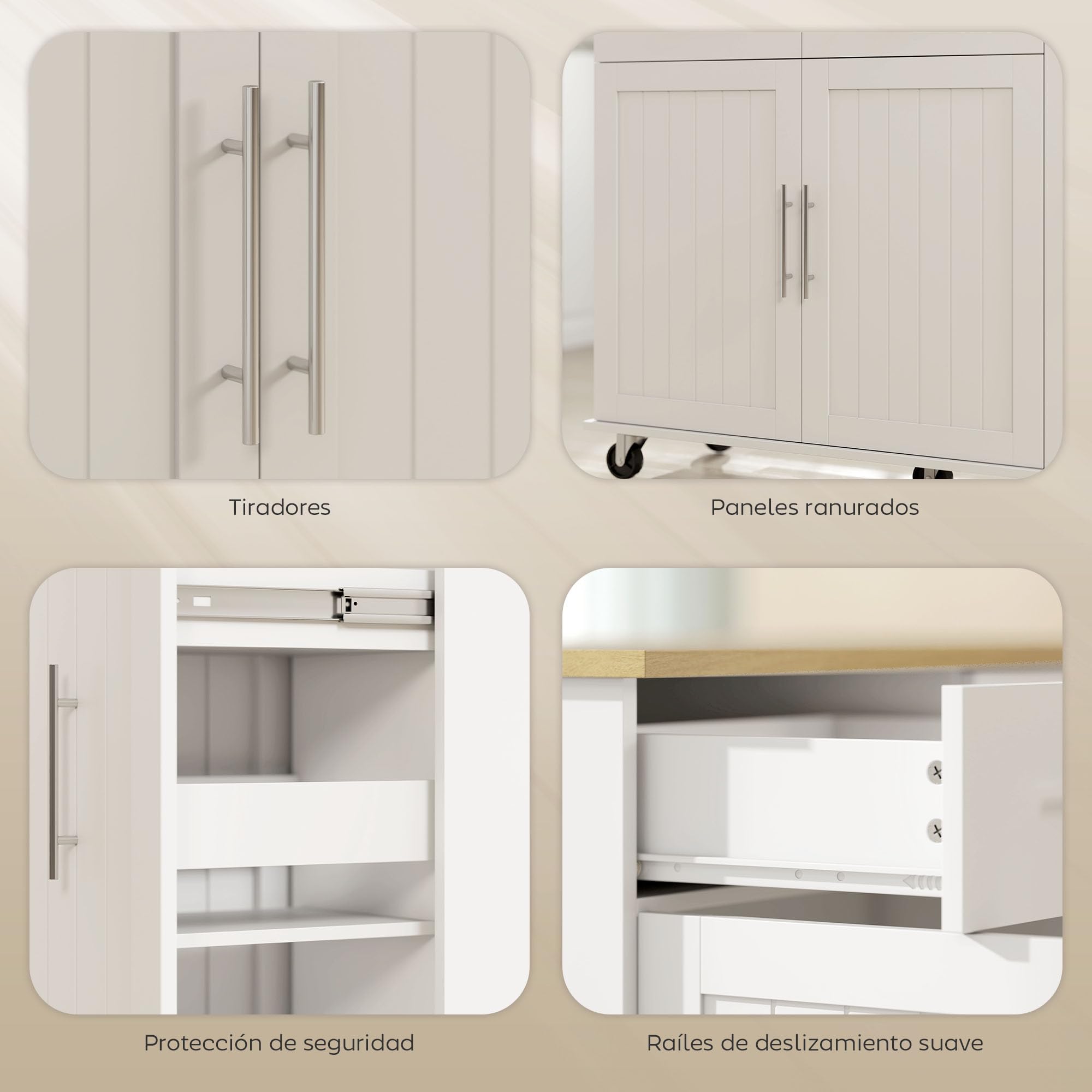 HOMCOM Isla de Cocina con Ruedas Encimera Plegable Carro de Cocina Blanco