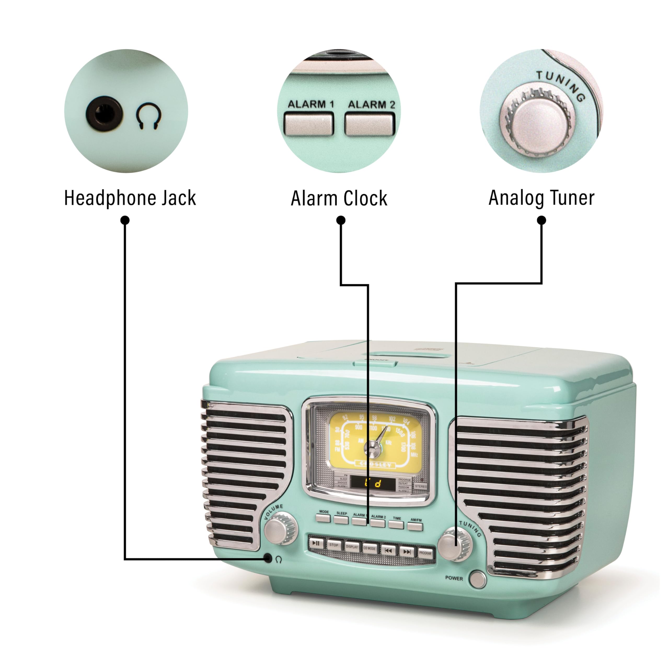 Crosley CR612B-AB Corsair Tabletop AM/FM Bluetooth Radio with CD Player and Dual Alarm Clock, Aqua Blue