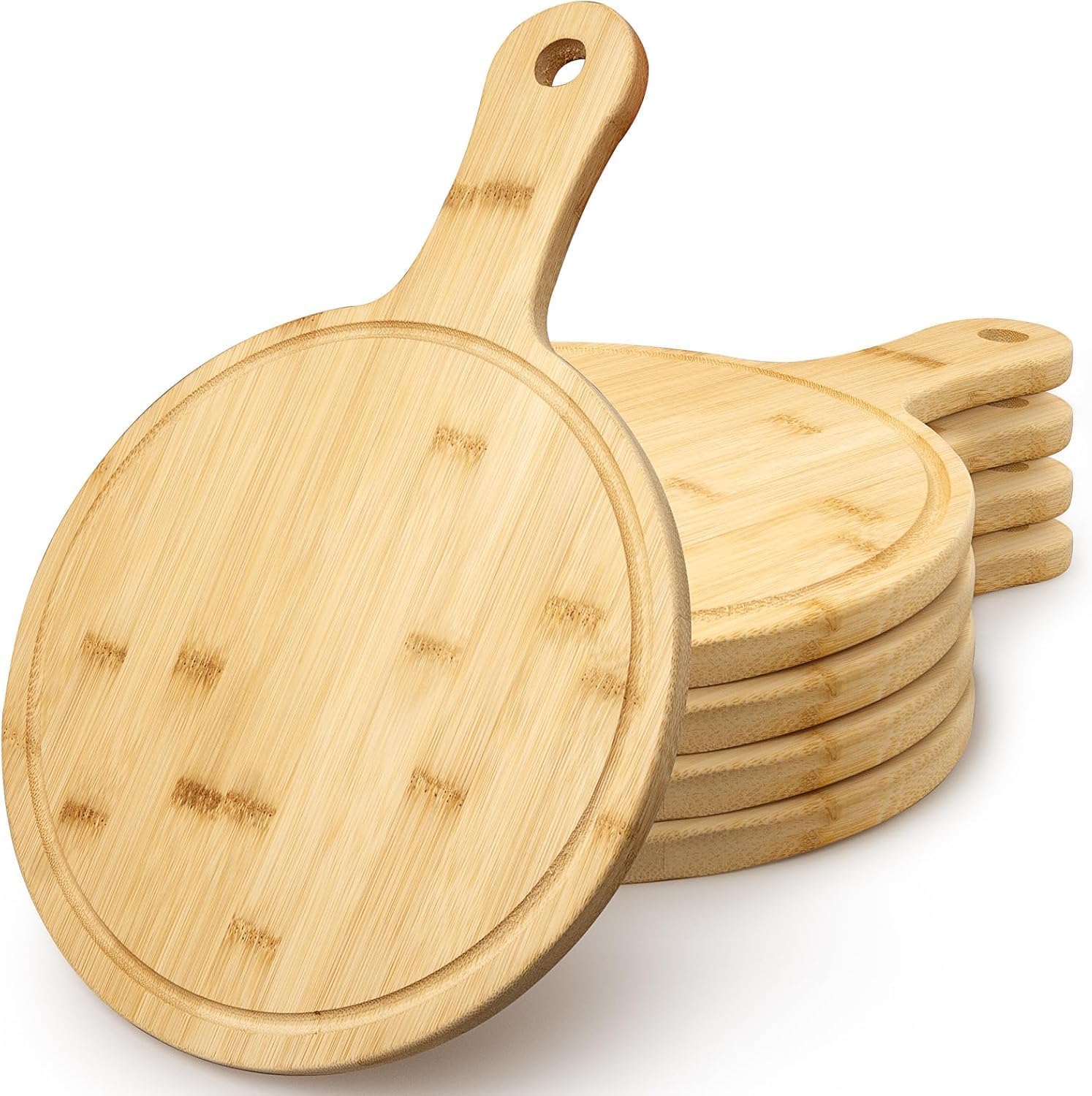 5 tablas de cortar de bambú con asa, tablas de servir redondas, tablas de cocina y tablas de madera para pizza, pan, queso, frutas, verduras, 40 x 28 cm