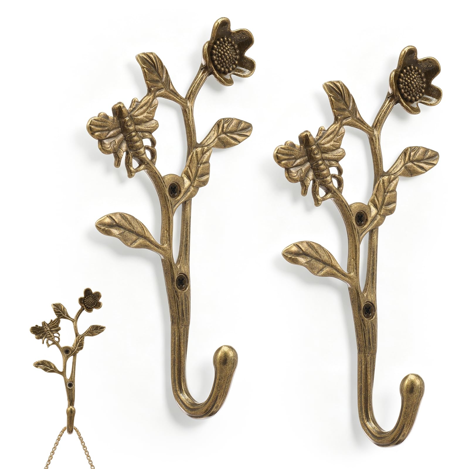 Guijzsltrg Bronze 2Pcs Heavy Duty Metal Coat Hooks, Vintage 3D Bee & Flower Wall Mounted Hooks For Hanging Clothes, Hats, Towels, Keys, Decorative Wall Hangers For Bathroom, Entryway, Bedroom(Bronze)