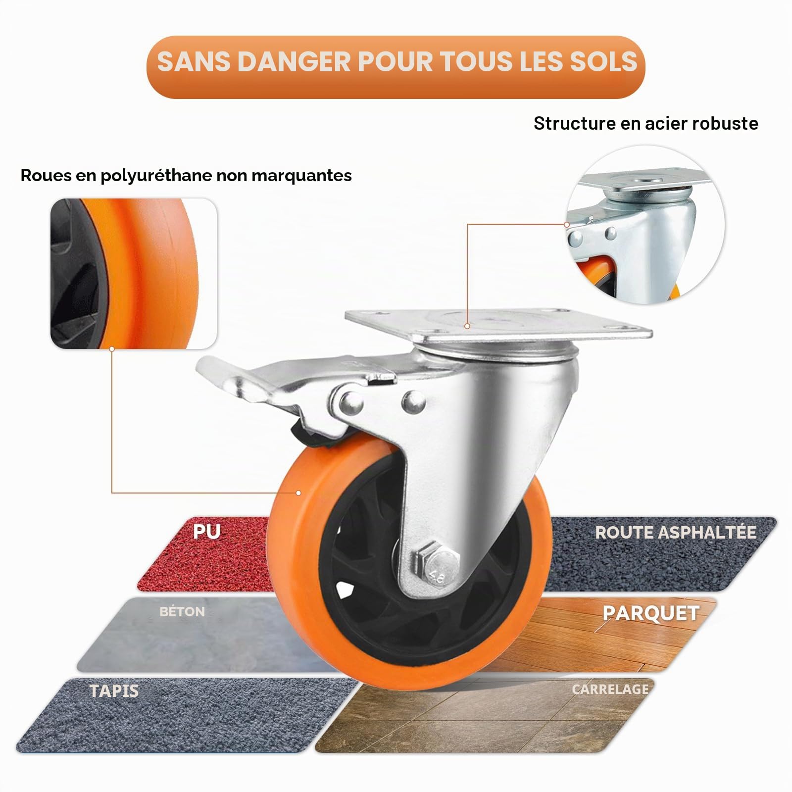 Lot de 4 roulettes pivotantes pour meubles, 100 mm, avec frein, 600 kg, pour charges lourdes, pour meubles, établi, chariot à outils, palettes, orange