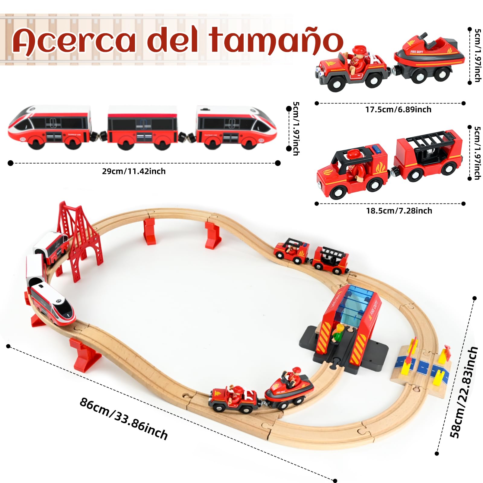 Ulikey 58 piezas circuito de tren de madera infantil con locomotora eléctrica y camión de bombero, juguete tren regalos de cumpleaños y Navidad para niños, compatible con grandes marcas Mainstream