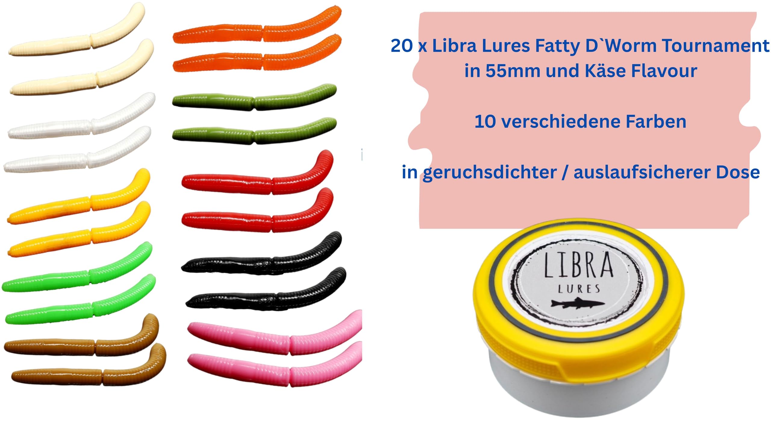 Libra Lures Fatty D Worm Tournament 55mm Starter-Set –20 x Forellenköder Softbaits schwimmend in 10 Farben mit Käse-Aroma – Gummiköder Set + dichte Dose – Ideal zum Forellenangeln