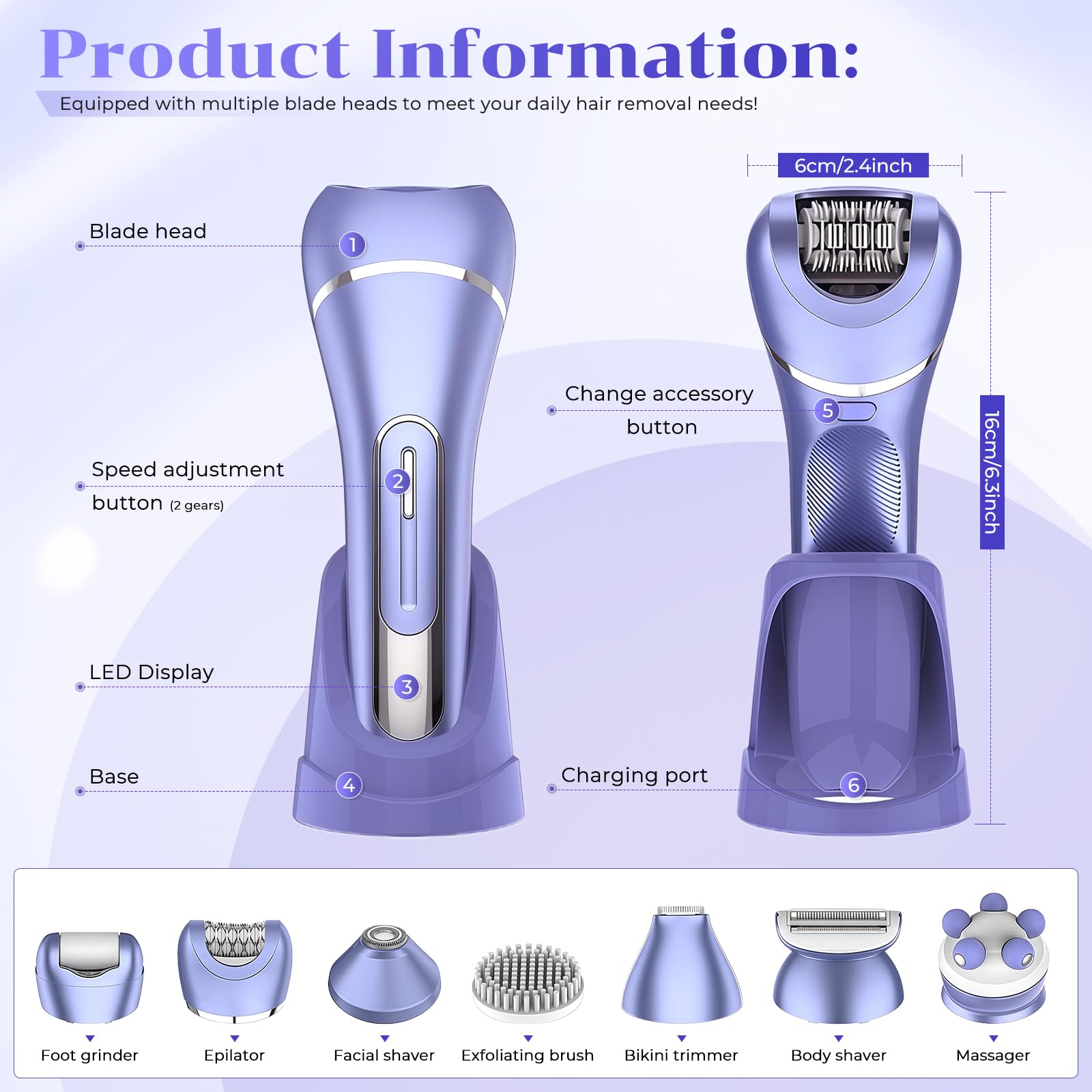 7 In 1 Rasoio elettrico donna,Epilatore elettrico donna,Depilatore corpo,Rasoio donna parti intime,Rasoio Parti Intime,Impermeabile IPX7,Display LCD,per Braccia Zona Bikini