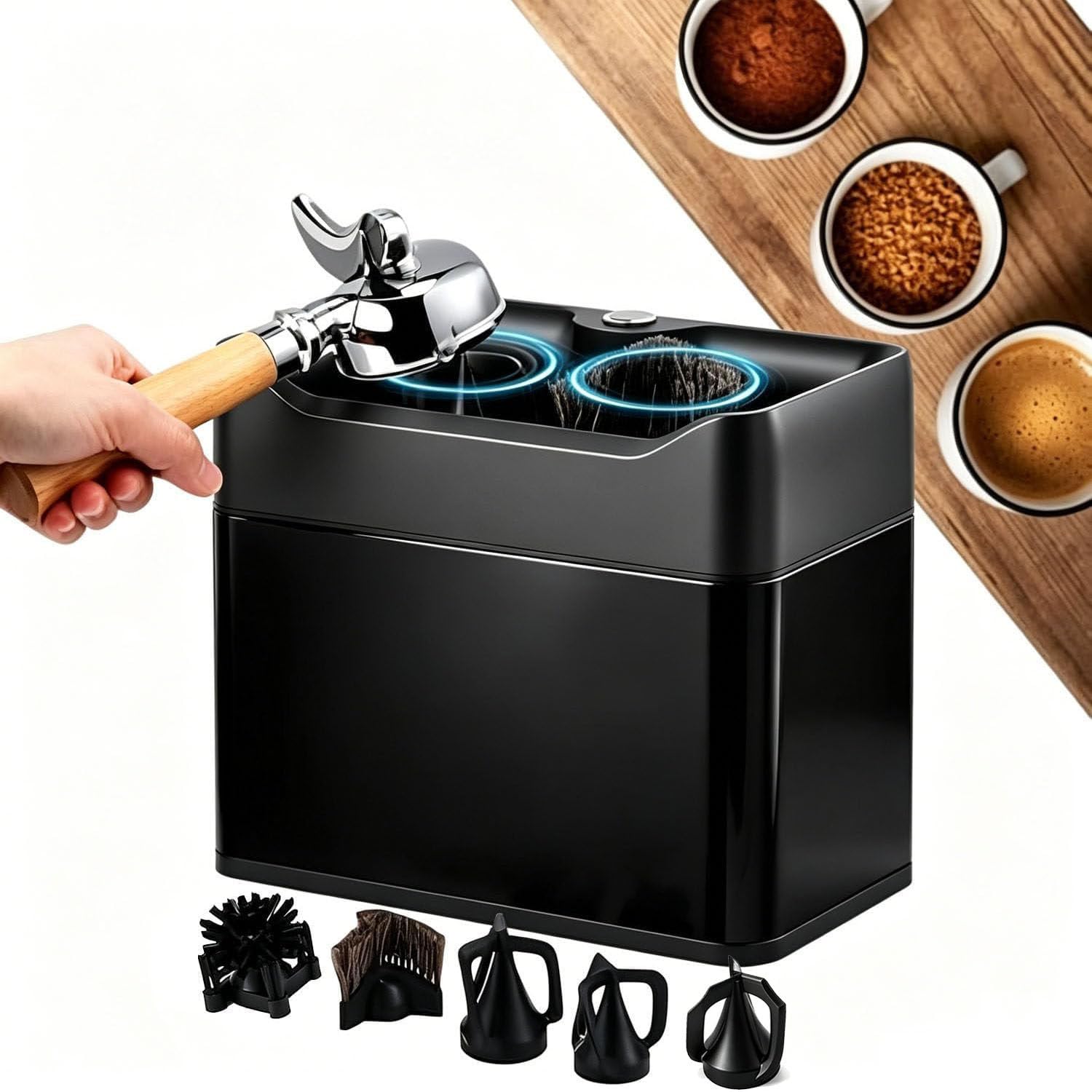Limpiador automático de restos de café (Puck), Limpiador eléctrico de portafiltros con 3 raspadores y Cabezales de Doble Cepillo, Motor de 340 RPM, para portafiltros de 51 mm y 58 mm. Black