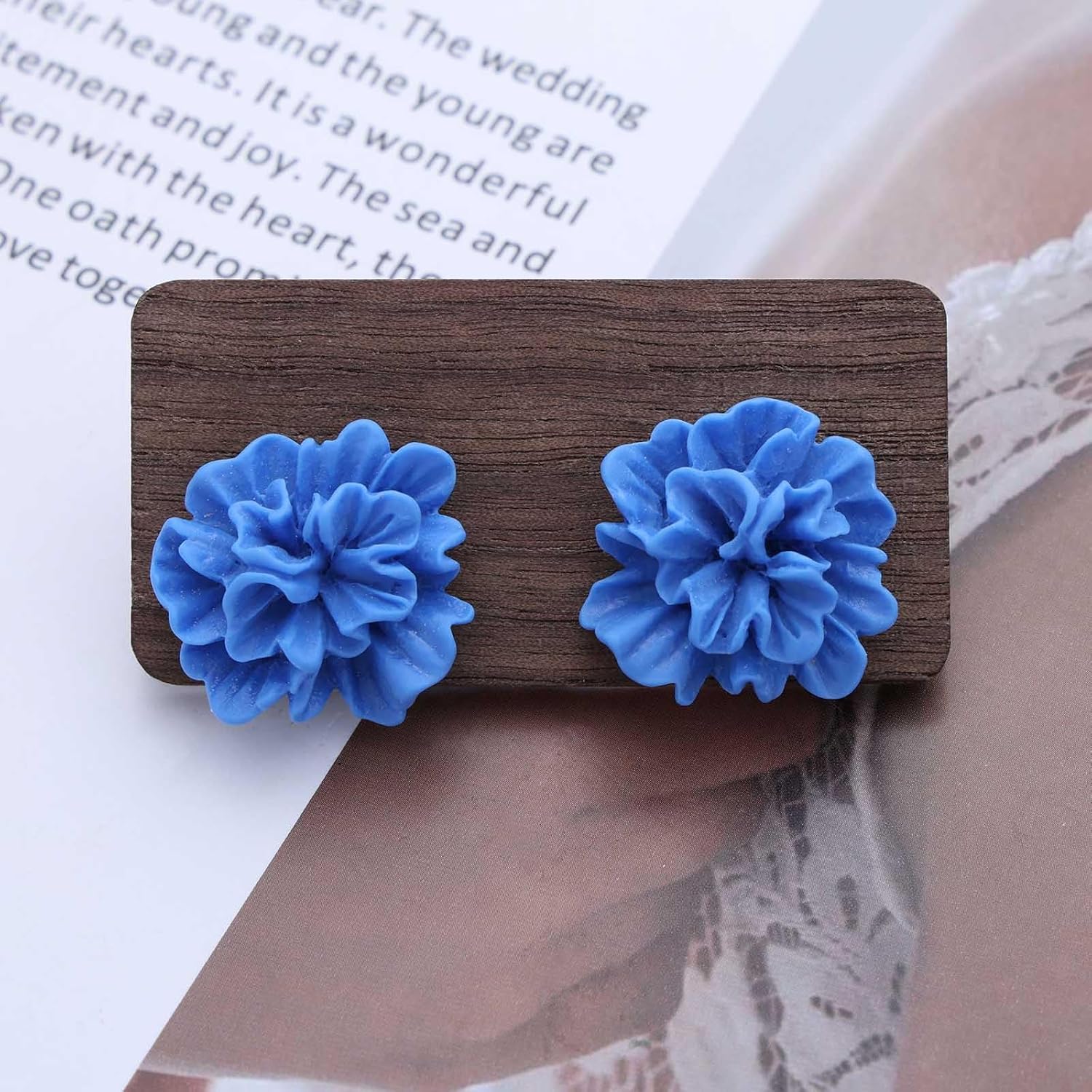 Boho Blue Flower Earrings Blue Acrylic Flower Earrings Blue Flower Wedding Earrings Blue Flower Resin Earrings Camellia Flower Stud Earrings Jewelry for Women - Image 5