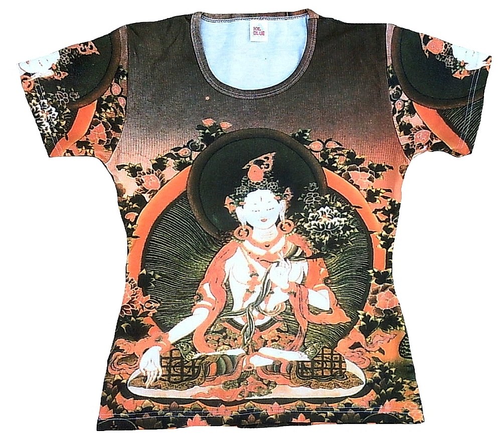 TICILA Damen T-Shirt Braun White Tara Nepal Bhutan Tipet Buddha Rosen Kranz Kunst Art Religion Star Designer Vintage Tattoo Design