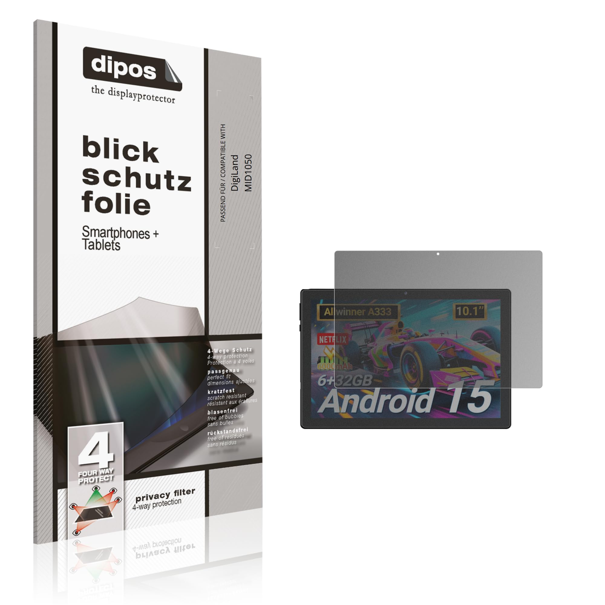 dipos Protector de Pantalla Antiespía para DigiLand MID1050 | Película protectora mate, filtro de privacidad 4 vías, ajuste perfecto, antiarañazos, sin burbujas, autoadhesivo