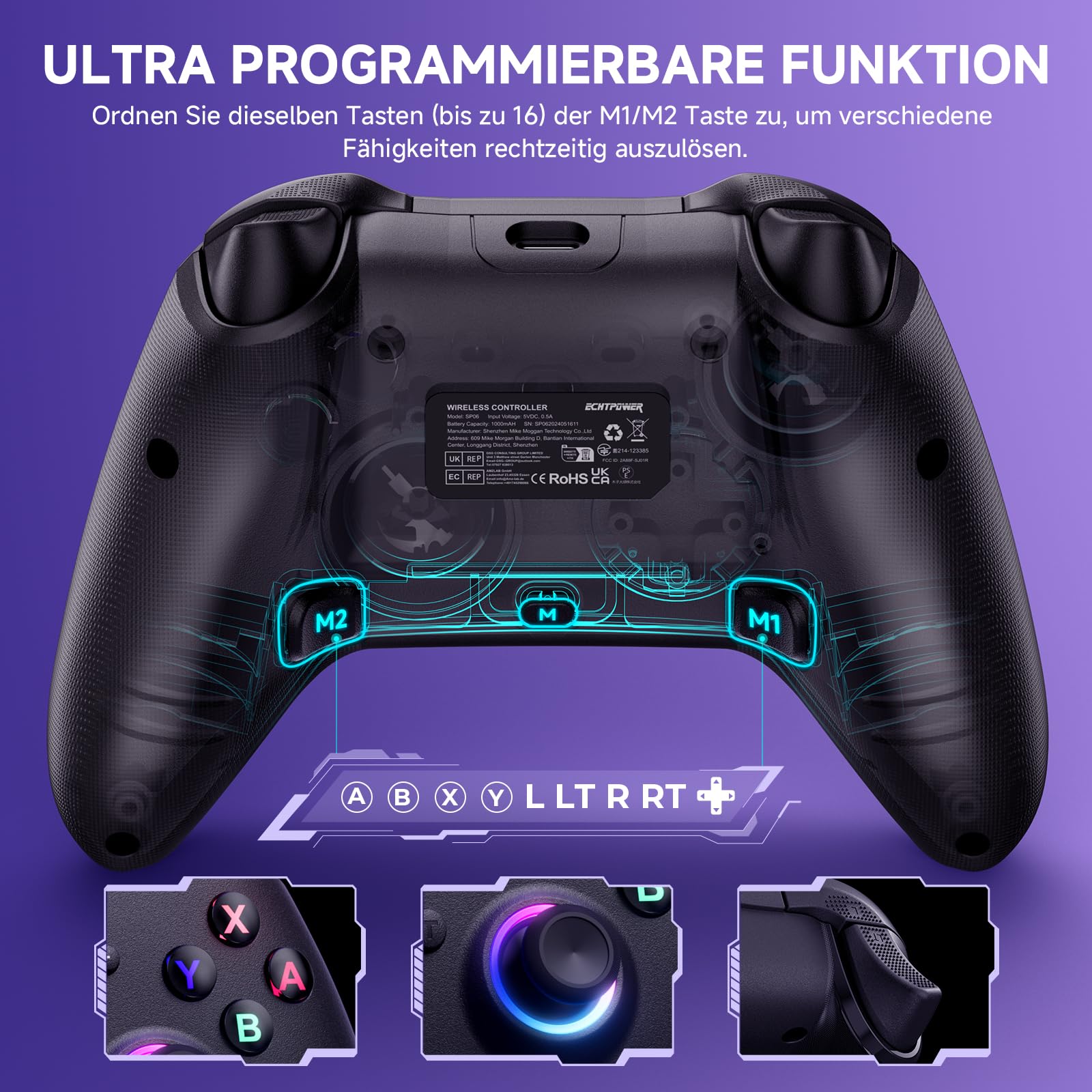 ECHTPower Switch Controller Kompatibel mit Switch 2/OLED/Lite, Switch Pro Controller, 9 LEDs Wireless Controller mit Turbo, 6-Achsen, Aufwachen, Gyroskop, SYNC, Makro und Screenshot