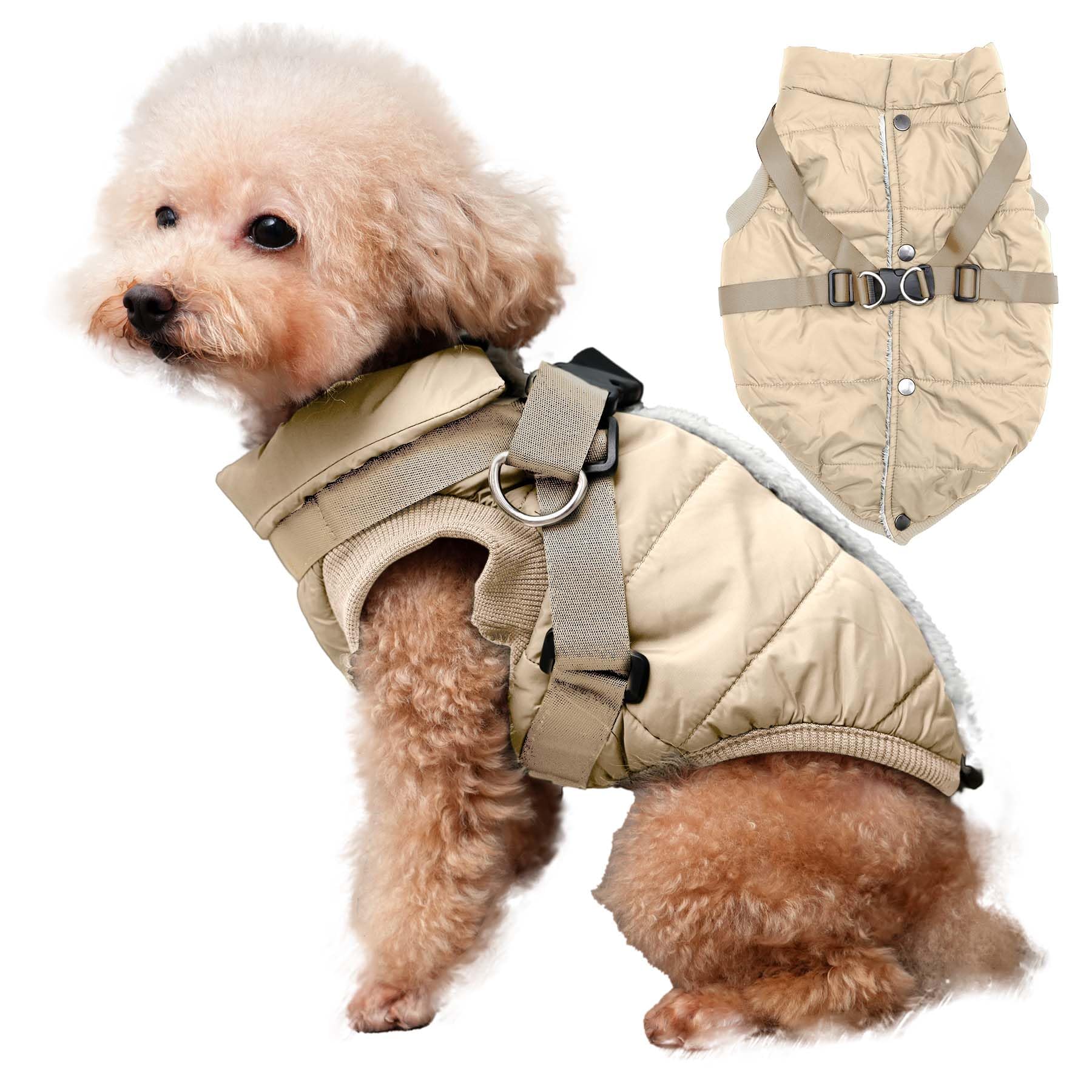 JoyDaog Dog Jacket with Harness,Puppy Coat for Small Dogs,Khaki XS