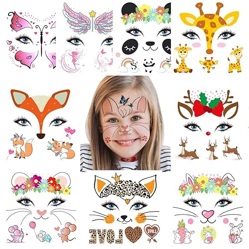 Juego de calcomanías de tatuaje de cara temporal de animales para niños y adultos, transferencia de agua, mariposa, panda, ciervo, jirafa, festival,