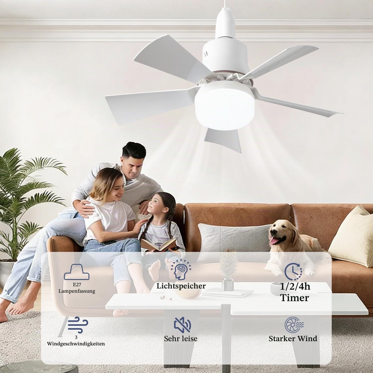 YumSur LED Deckenventilator mit Beleuchtung E27,40 W Ventilator lampe,Dimmbar Deckenbeleuchtung 3 Farben,3 Geschwindigkeiten,Moderne Lüfterbeleuchtung für Wohnzimmer,Schlafzimmer(style2 white)
