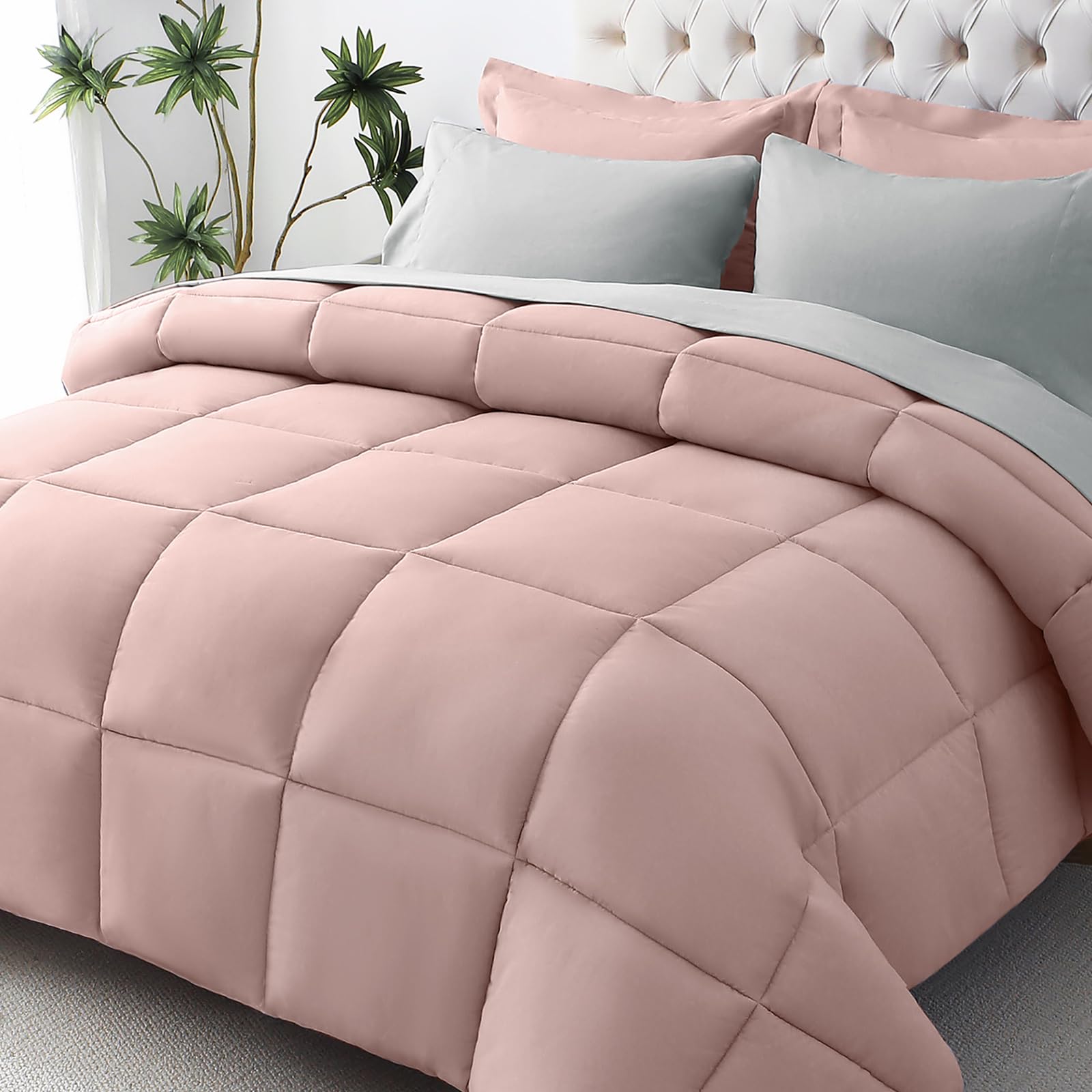 JOLLYVOGUE Full Comforter Set, Ultra-Soft Bed in a Bag Full Size 7 Pieces, Oeko-TEX Certified Bedding Set with Down Alternative Comforter, Sheets, Pillowcases & Shams, Pink & Light Grey