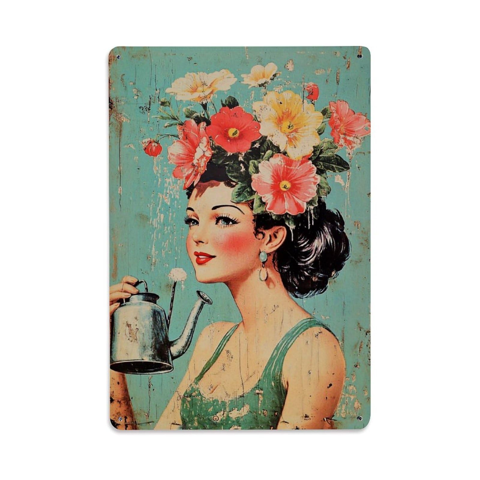 Jdfenggu Vintage Floral Headpiece Woman Watering Can Retro Metal Tin Sign, Decor Art Poster For Bar, Home, Man Cave, Kitchen, Laundry Room Gift 8X12inch