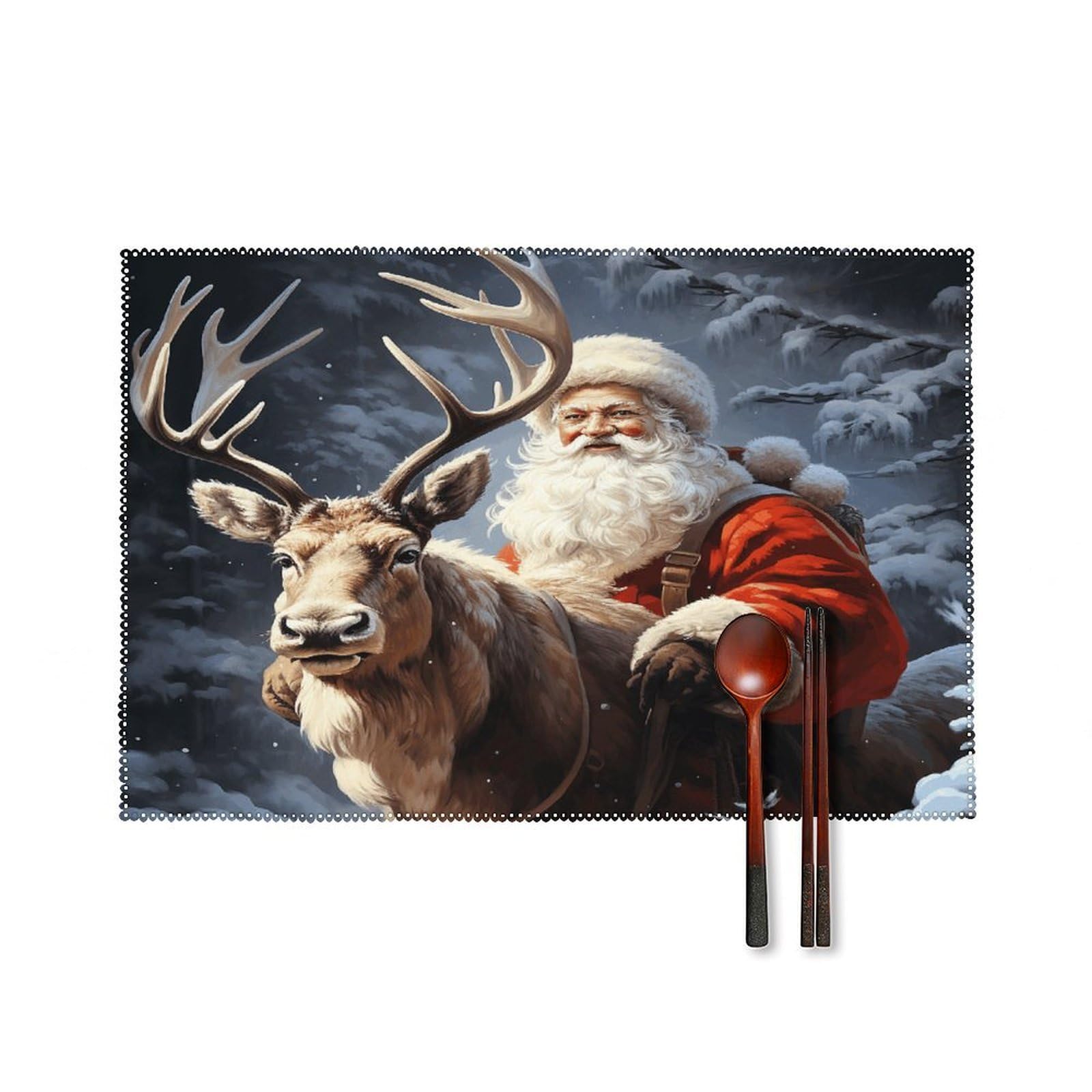 Santa Claus and Deer Elk Placemats Set of 6 Non-Slip Heat Resistant Table Mats Canvas Washable Cloth Place Mats Easy to Clean Premium Placemat for Kitchen Dining Table Decoration