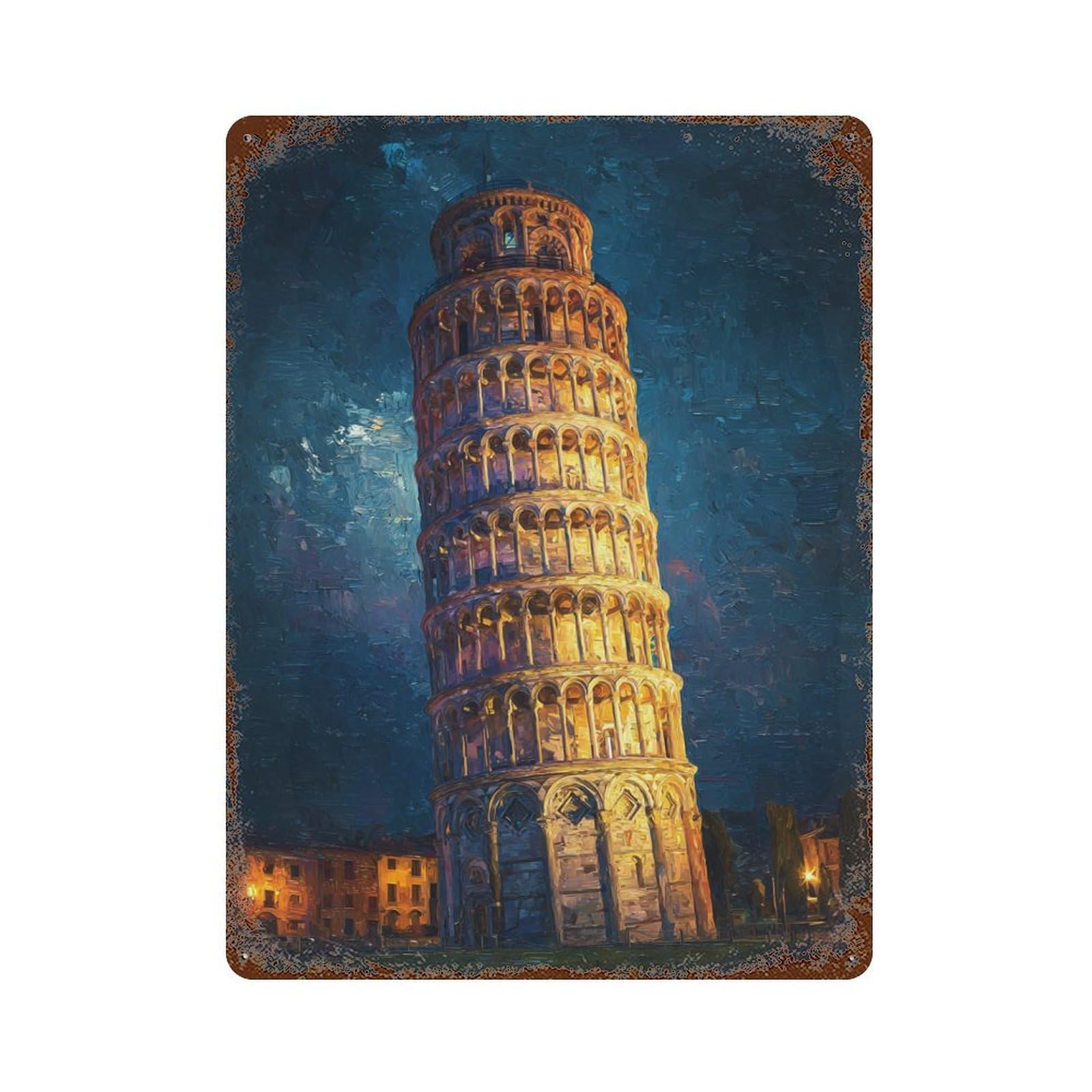 Rusty Metal Tin Sign Leaning Tower of Pisa Night View 15.7"x11.8", Vintage Wall Decor for Shed, Workshop And Garage Wall Decor