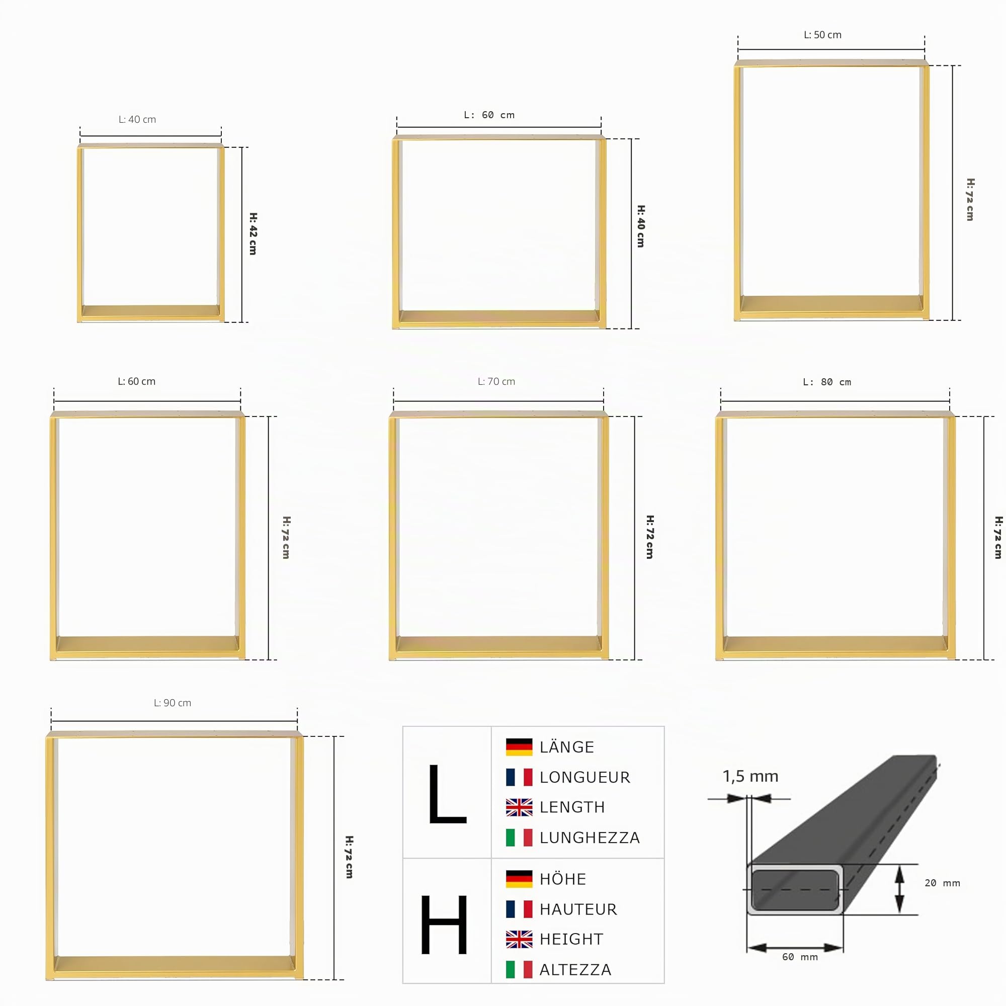 Magnetic Mobel 2 gambe da tavolo in metallo per scrivania, tavolo da pranzo, piedini per mobili, supporto da tavolo (50 x 72 cm, bianco, profilo 6 x 2 cm)