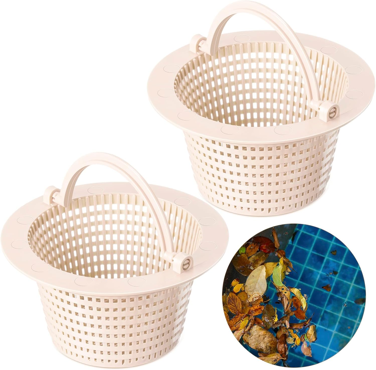 2 Pcs Pool Skimmer Basket with Handle, Leaves Removal Swimming Pool Filter Replacement Basket, Plastic Pool Strainer Basket for Swimming Pools Cleaning, Measures 6.18" Across The Top(Beige)