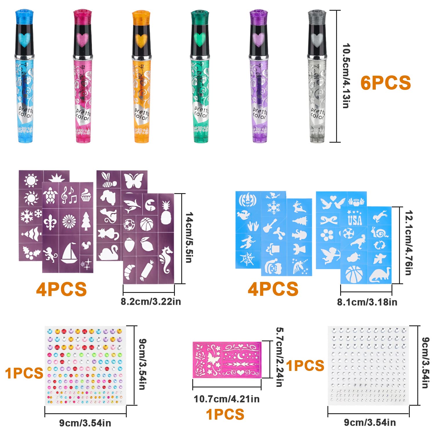 Set 10 Penne Per Tatuaggi Temporanei Per Bambini: Con 6 Fogli E 55 Stencil, Glitter, Lavabili
