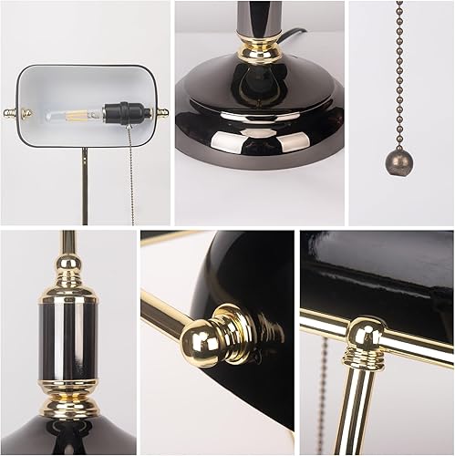 Miniatura 6 de FIRVRE Bankers - Lámpara de escritorio con interruptor de cadena de tracción, lámpara de escritorio con pantalla de vidrio negro, base E26 dorada y