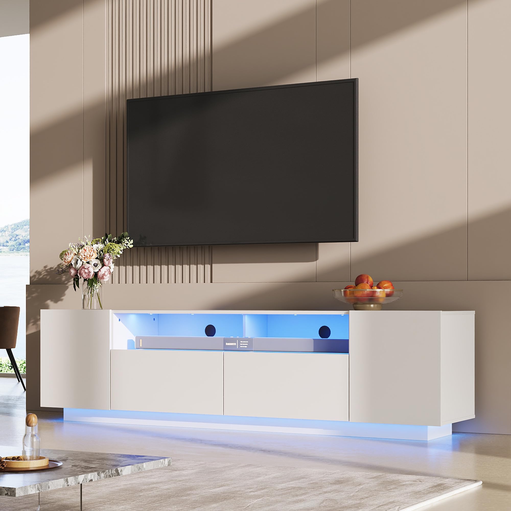 WLIVE Mueble de TV LED para televisores de hasta 75 Pulgadas, con Gran Espacio de Almacenamiento, Mesa de TV con iluminación LED RGB, para Sala de Estar, Dormitorio, Blanco