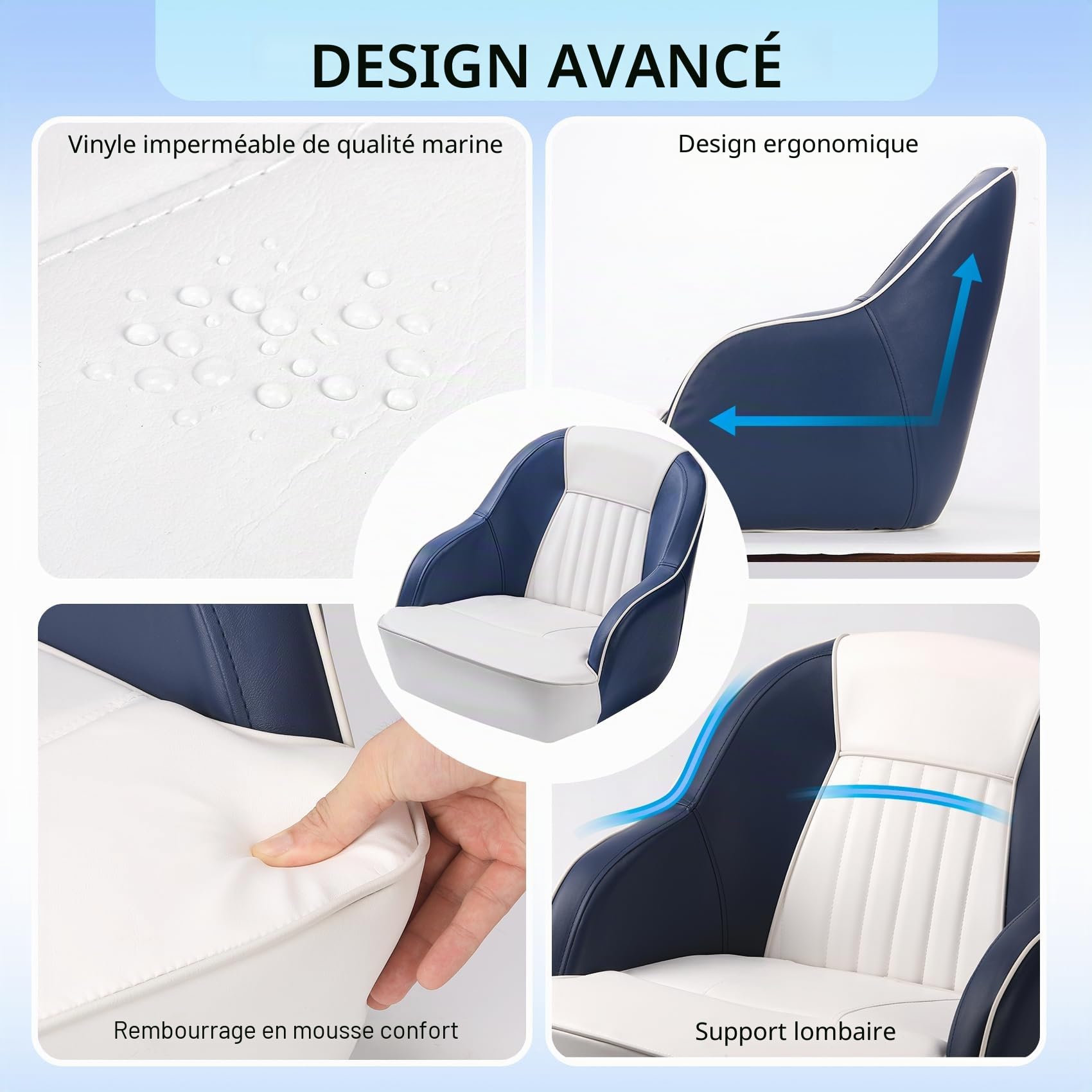 Garvee Siège capitaine ergonomique pour bateau ponton – Dossier haut, rembourrage mousse épaisse, accoudoirs incurvés, structure plastique injecté – Idéal pêche, plaisance, speedboat – Montage