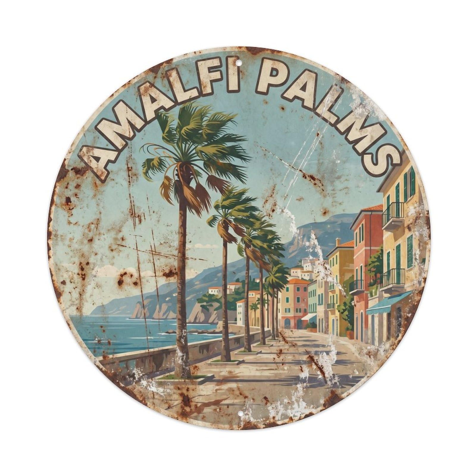 Vintage Travel Italy Coastal Palm Trees Metal Tin Sign Plaque Wall Decor for Cafe, Club, Garden Round Metal Poster 8x8Inch