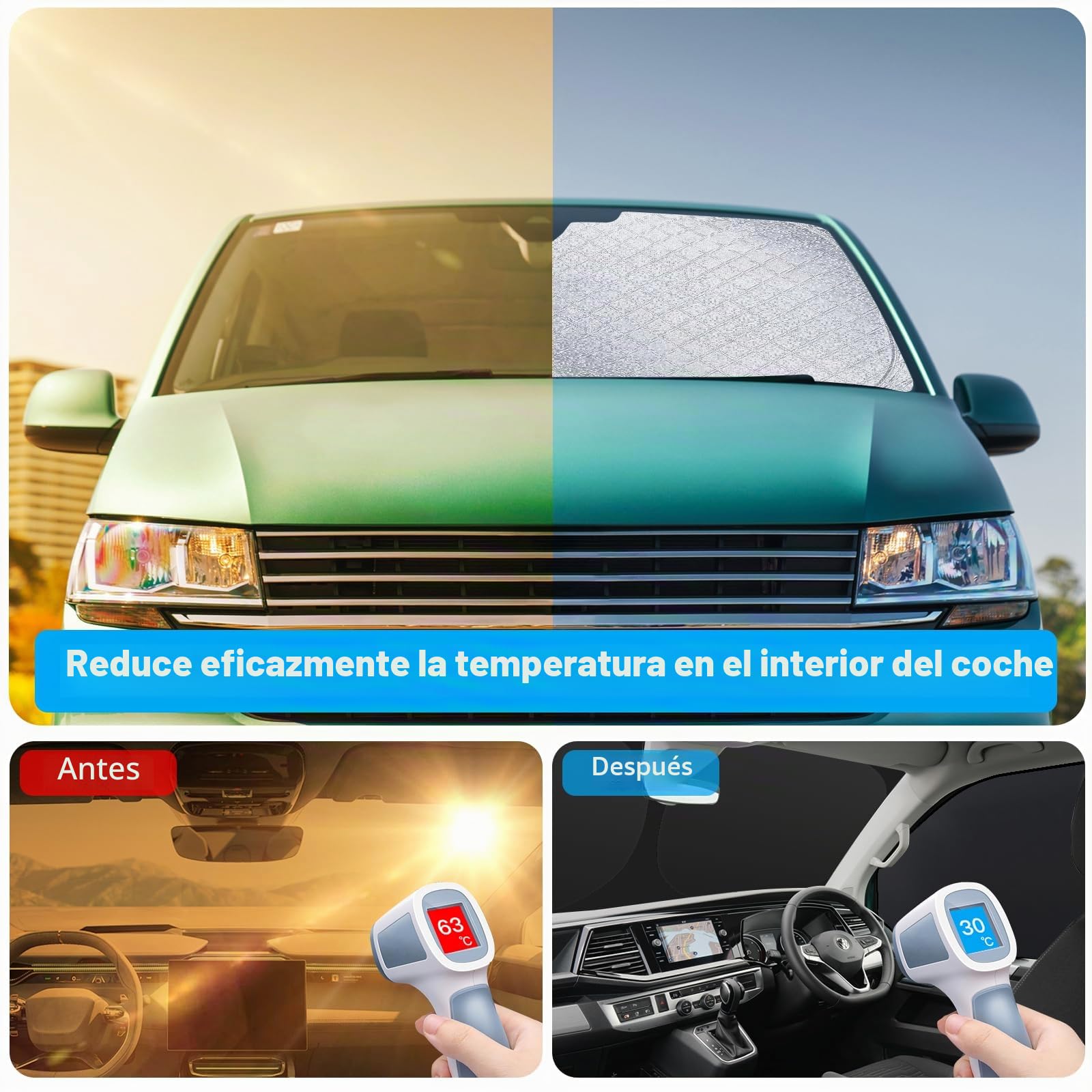 ZATOOTO Parasol para Parabrisas de Coche Apto para VW T5 T6, 3 Alfombrillas térmicas para Cabina del Conductor, Parasol para Parabrisas Delantero, oscurecimiento Interior, protección UV, Plegable