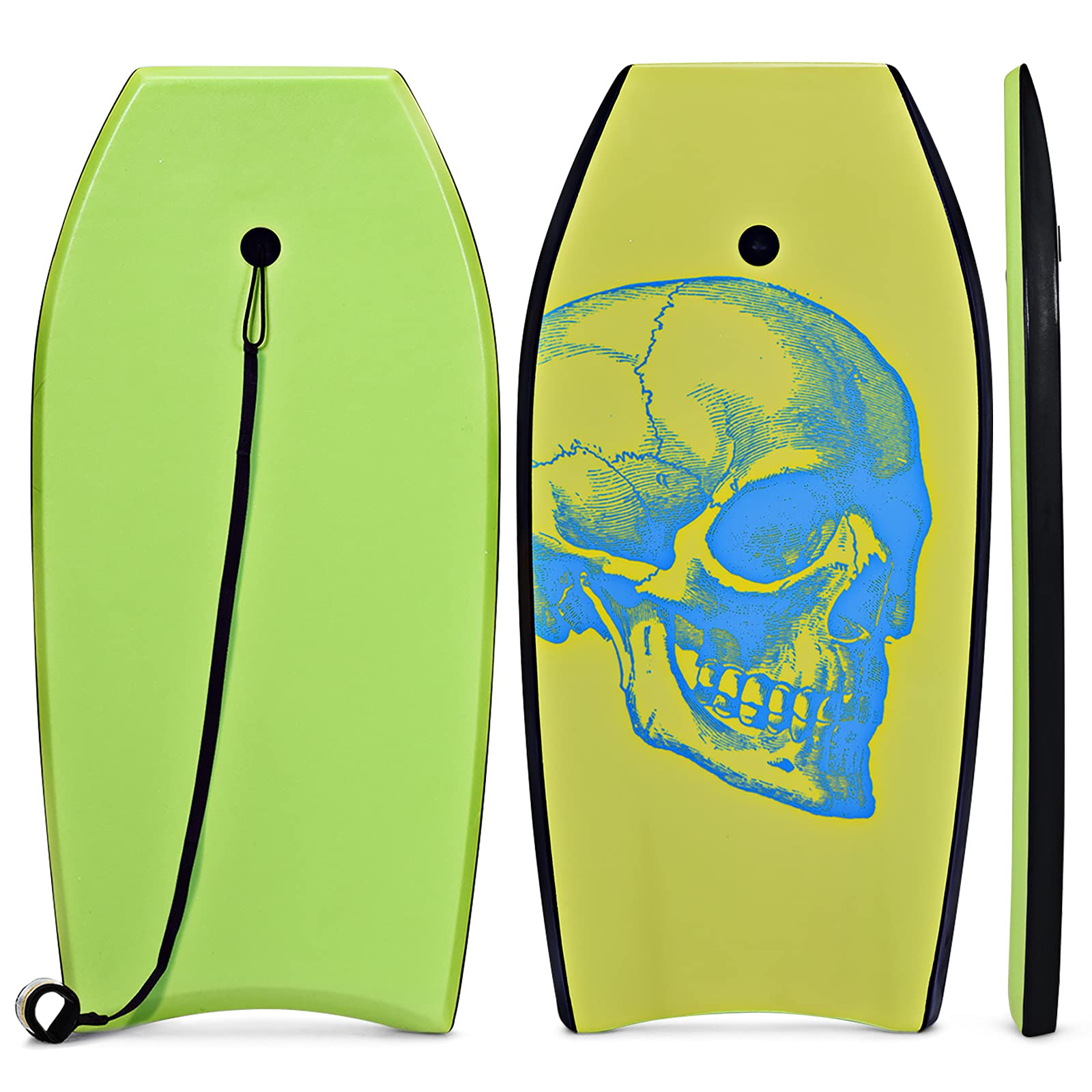 GYMAX Planche de Surf en XPE et HDPE Robuste, Charge Max 85 kg | Bodyboard Vert pour Plus de 14 Ans, 105×51×6 cm, Sangle de 90 cm et Motif de Crâne