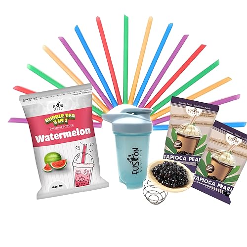 Fusion Select Kit de té de burbujas para bricolaje, bebida de té con burbujas saborizadas, popotes Boba XL, botella agitadora, 2 paquetes de perlas