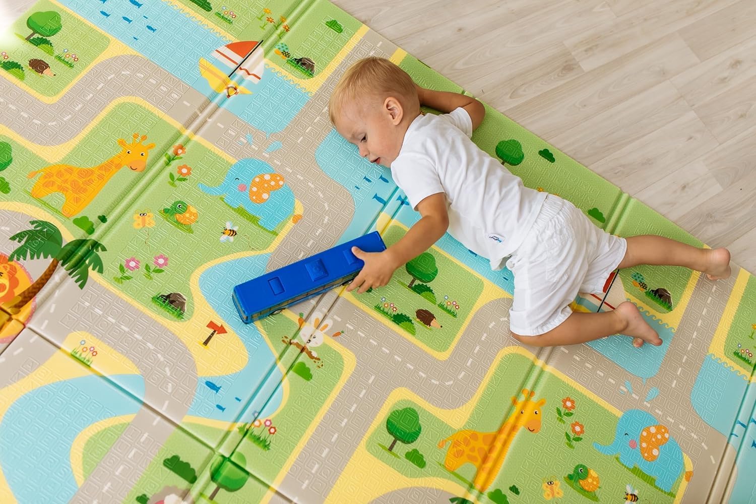 MIKMEL Alfombra Bebe Acolchada Plegable Reversible – Tapete Actividades y Juegos para Niños, Colchoneta de Suelo XPE Impermeable para Gateo – Diseño Carreteras/Animales – 180x150x1cm