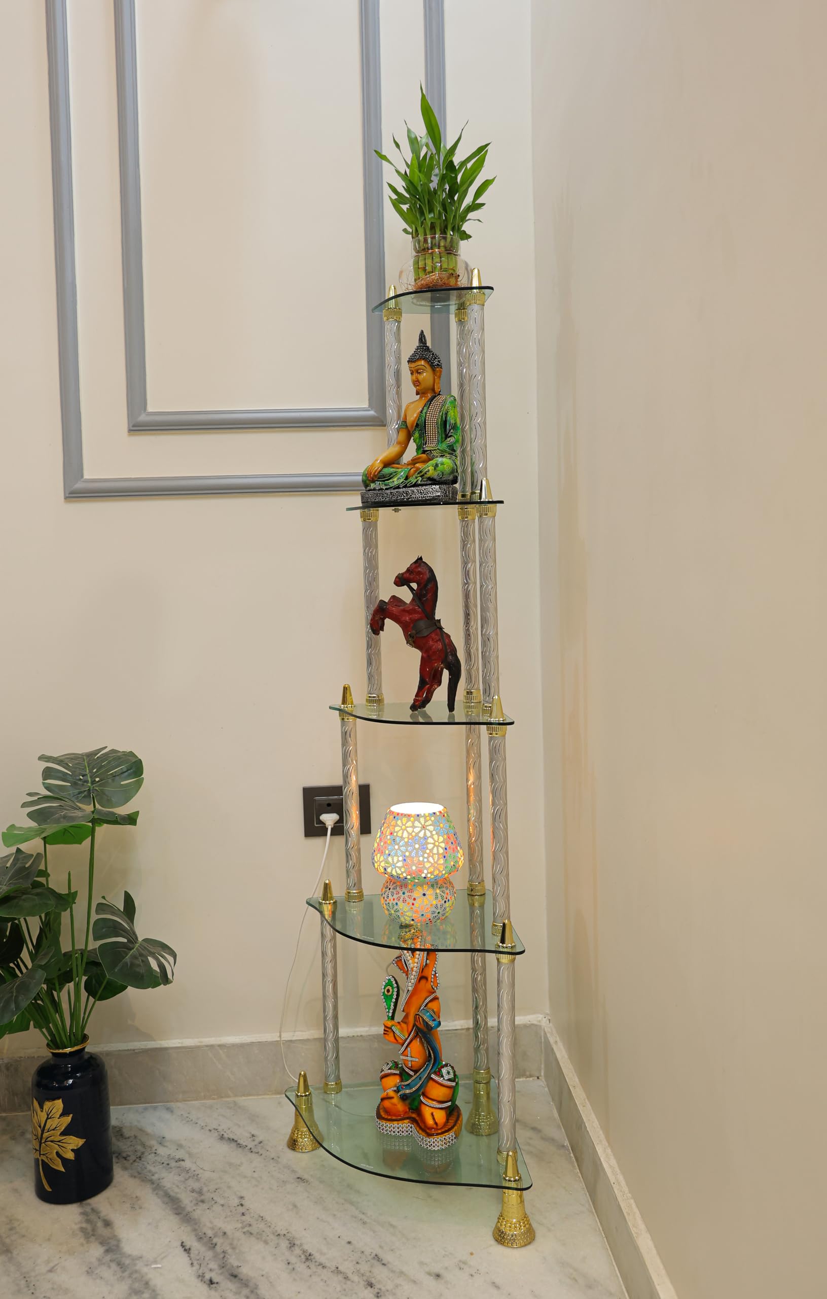 SHREE Glass Wall Shelves || Living Room Stylish || Unique Design with Finish 5 Shelf (Silver) 1